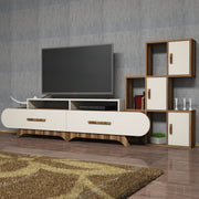 Móvel de TV moderno com prateleira de parede – 205 x 50 x 36,8 cm – Nogueira e creme – 100% revestido em melamina