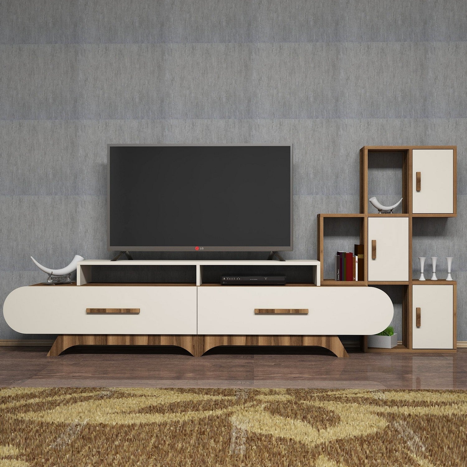 Móvel de TV moderno com prateleira de parede – 205 x 50 x 36,8 cm – Nogueira e creme – 100% revestido em melamina