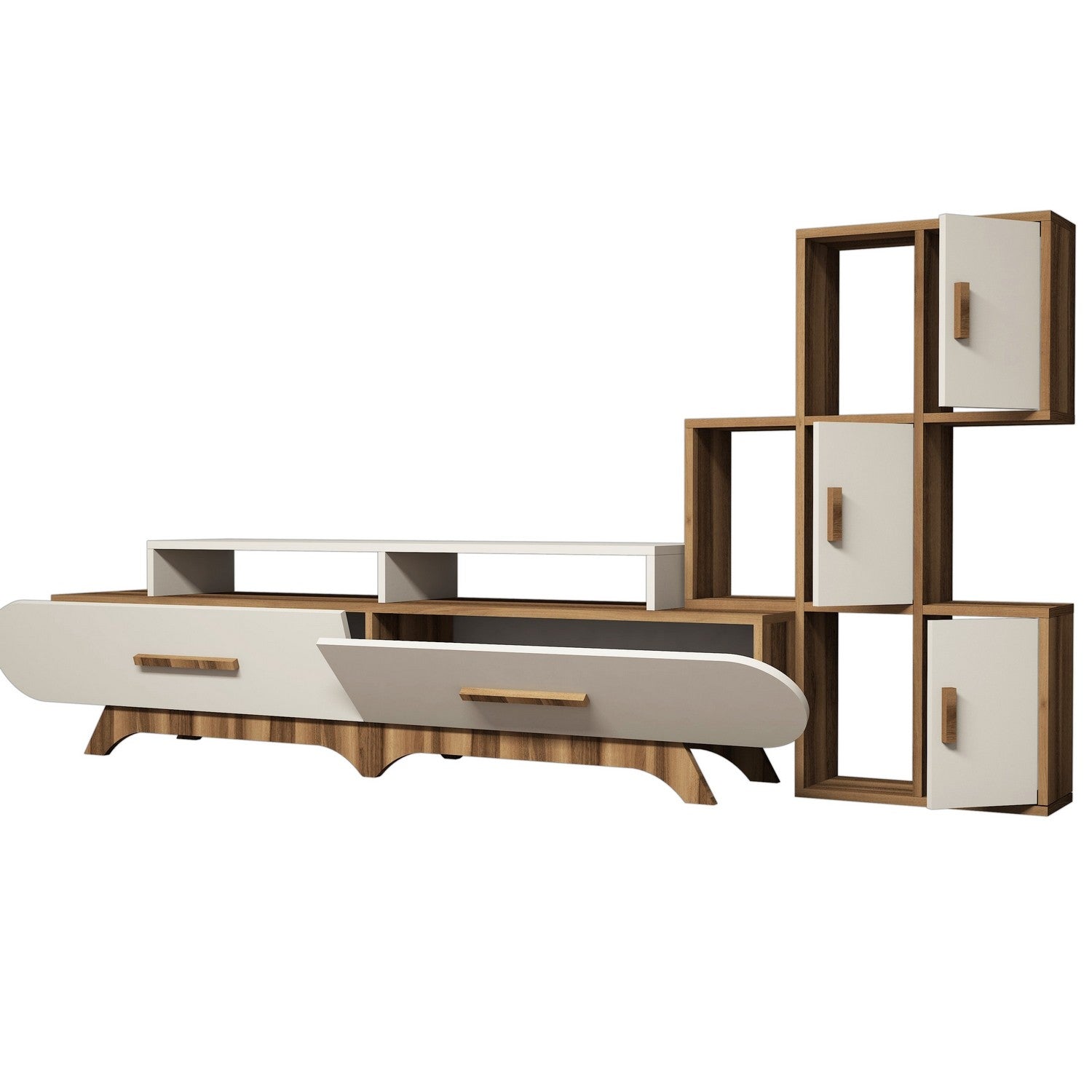 Móvel de TV moderno com prateleira de parede – 205 x 50 x 36,8 cm – Nogueira e creme – 100% revestido em melamina