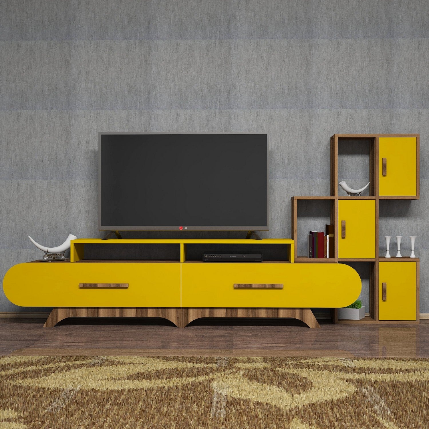 Móvel de TV – 205 x 50 x 36,8 cm – amarelo e nogueira – melamina