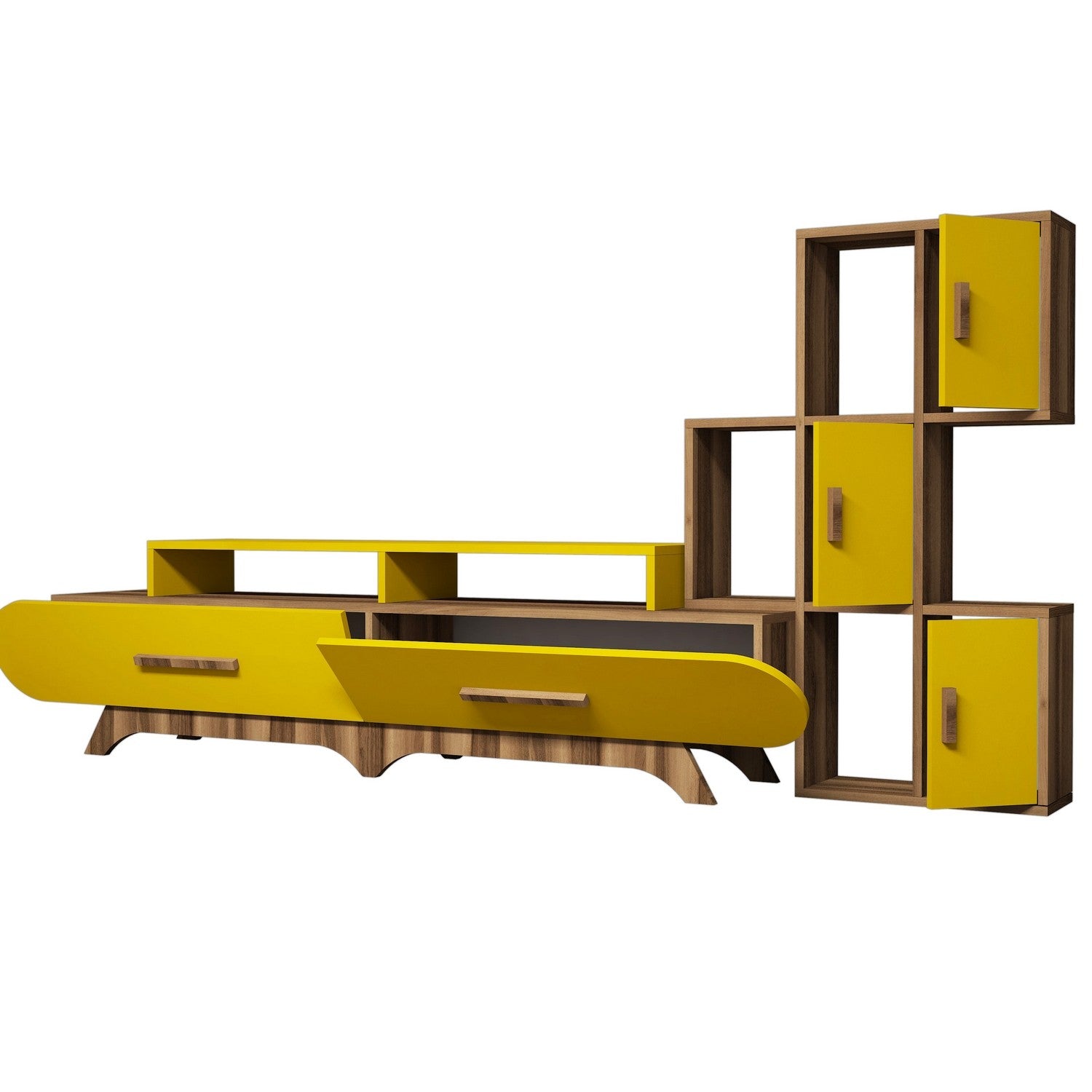 Móvel de TV – 205 x 50 x 36,8 cm – amarelo e nogueira – melamina