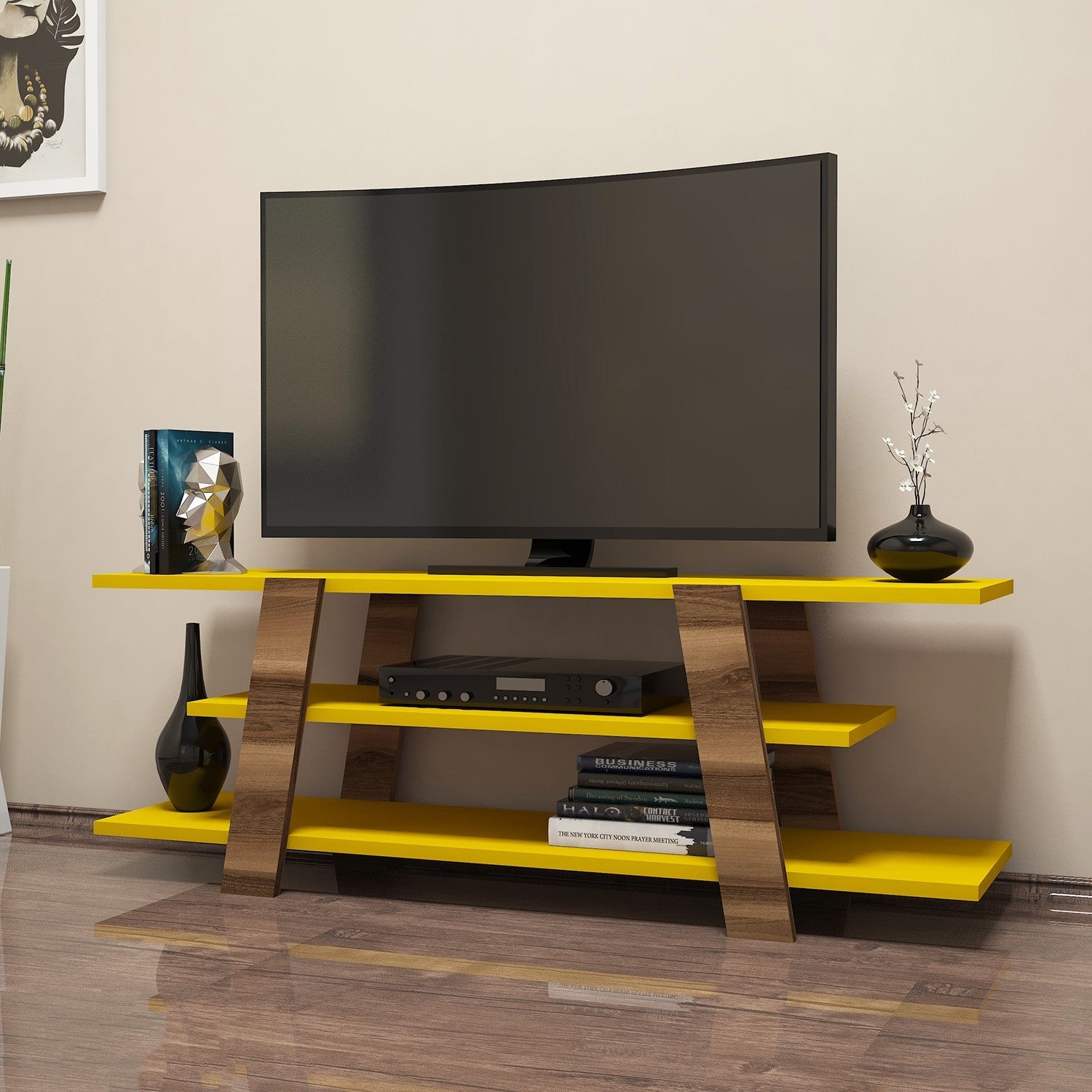 Móvel de TV – 120 x 42 x 33,6 cm – Nogueira e Amarelo – Painéis de partículas revestidos a melamina