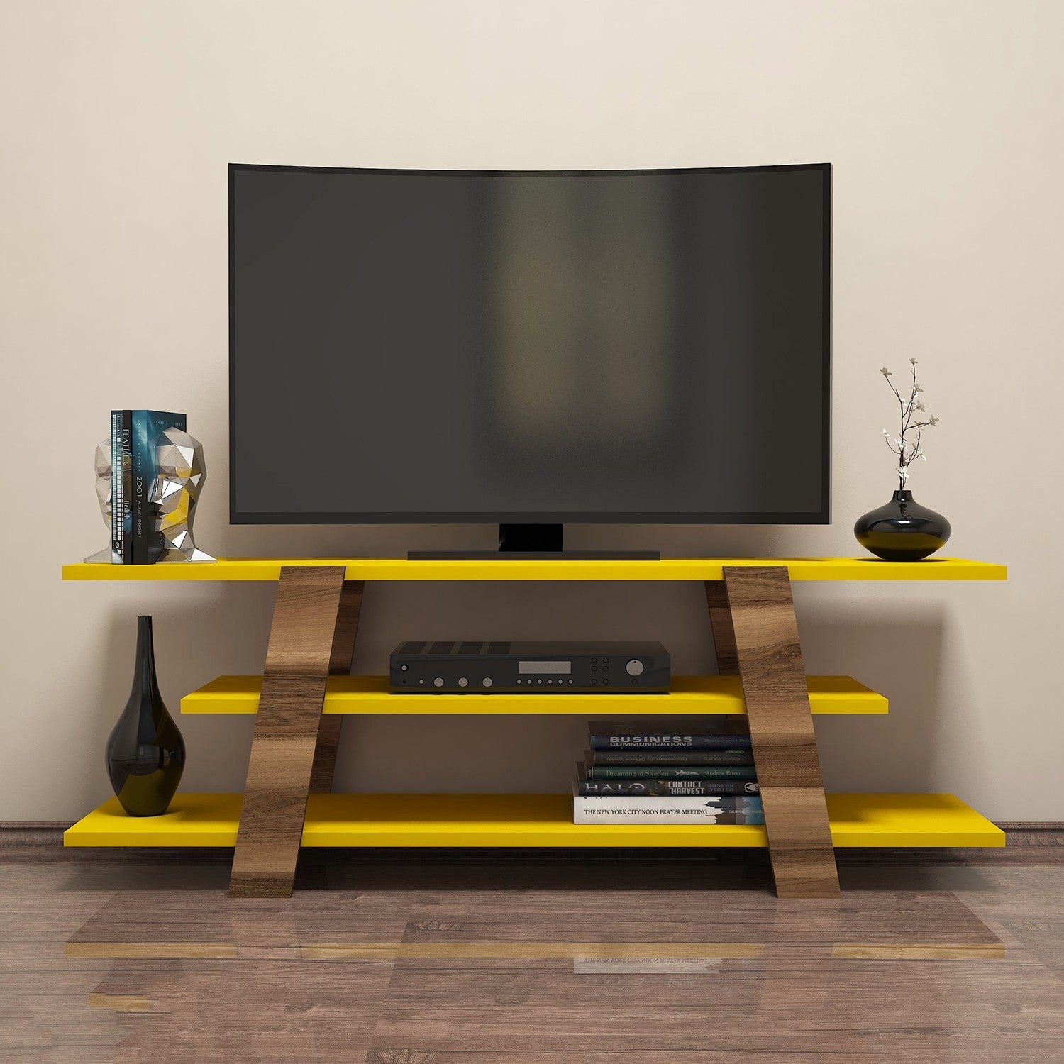Móvel de TV – 120 x 42 x 33,6 cm – Nogueira e Amarelo – Painéis de partículas revestidos a melamina