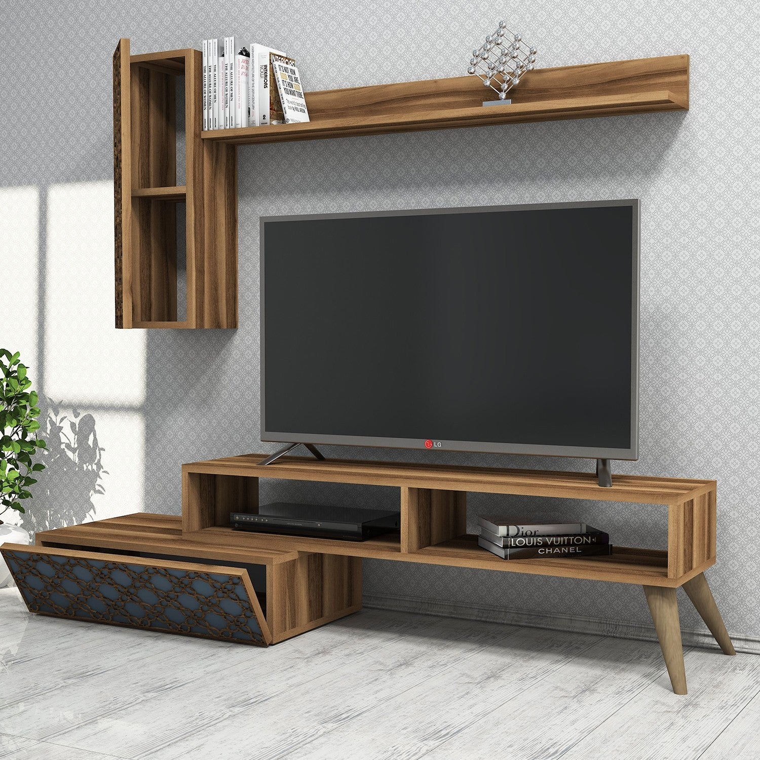 Móvel de TV moderno com prateleira de parede e armário – 150 cm – nogueira e calcedónia – melamina