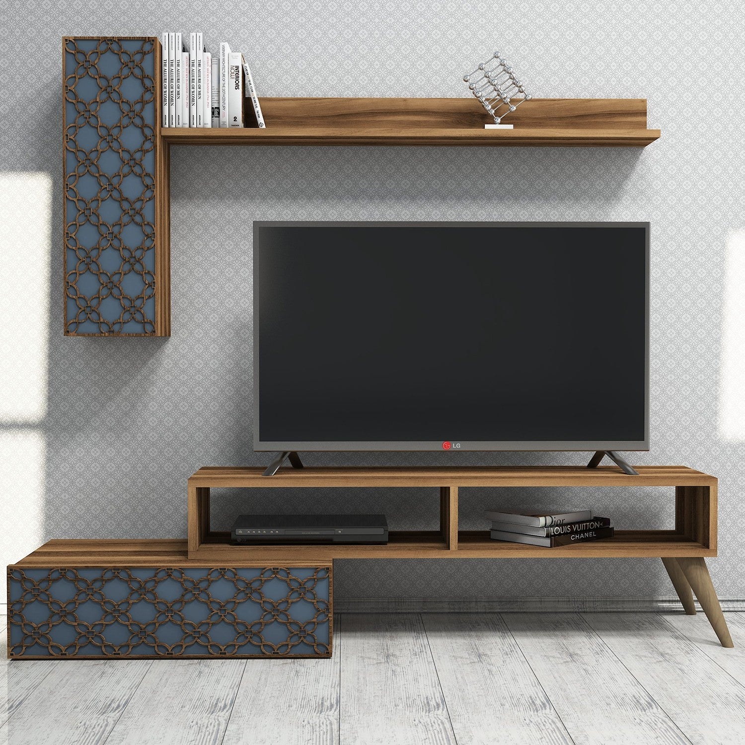 Móvel de TV moderno com prateleira de parede e armário – 150 cm – nogueira e calcedónia – melamina