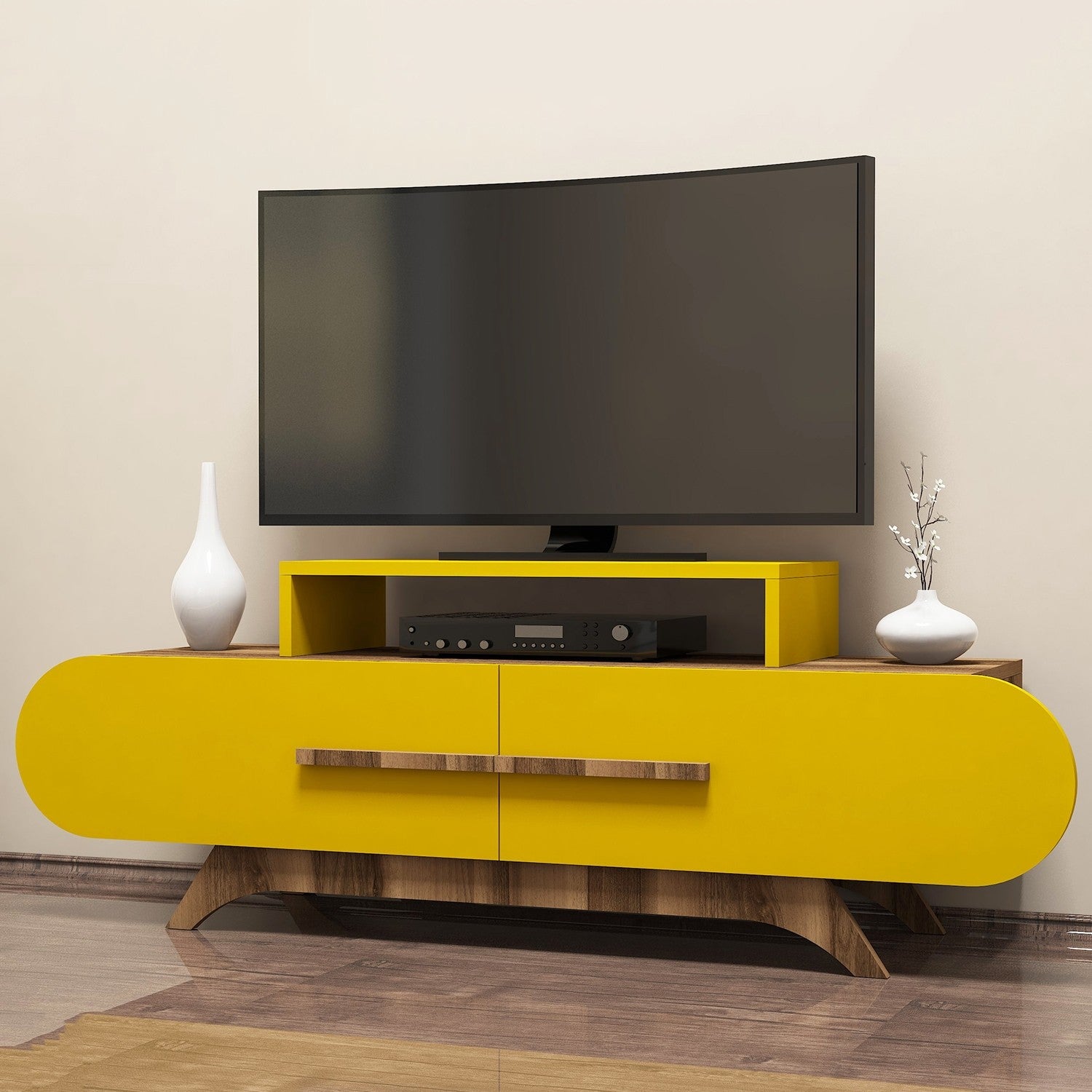 Móvel de TV – 145 cm – Nogueira e amarelo – Painel de partículas revestido a melamina