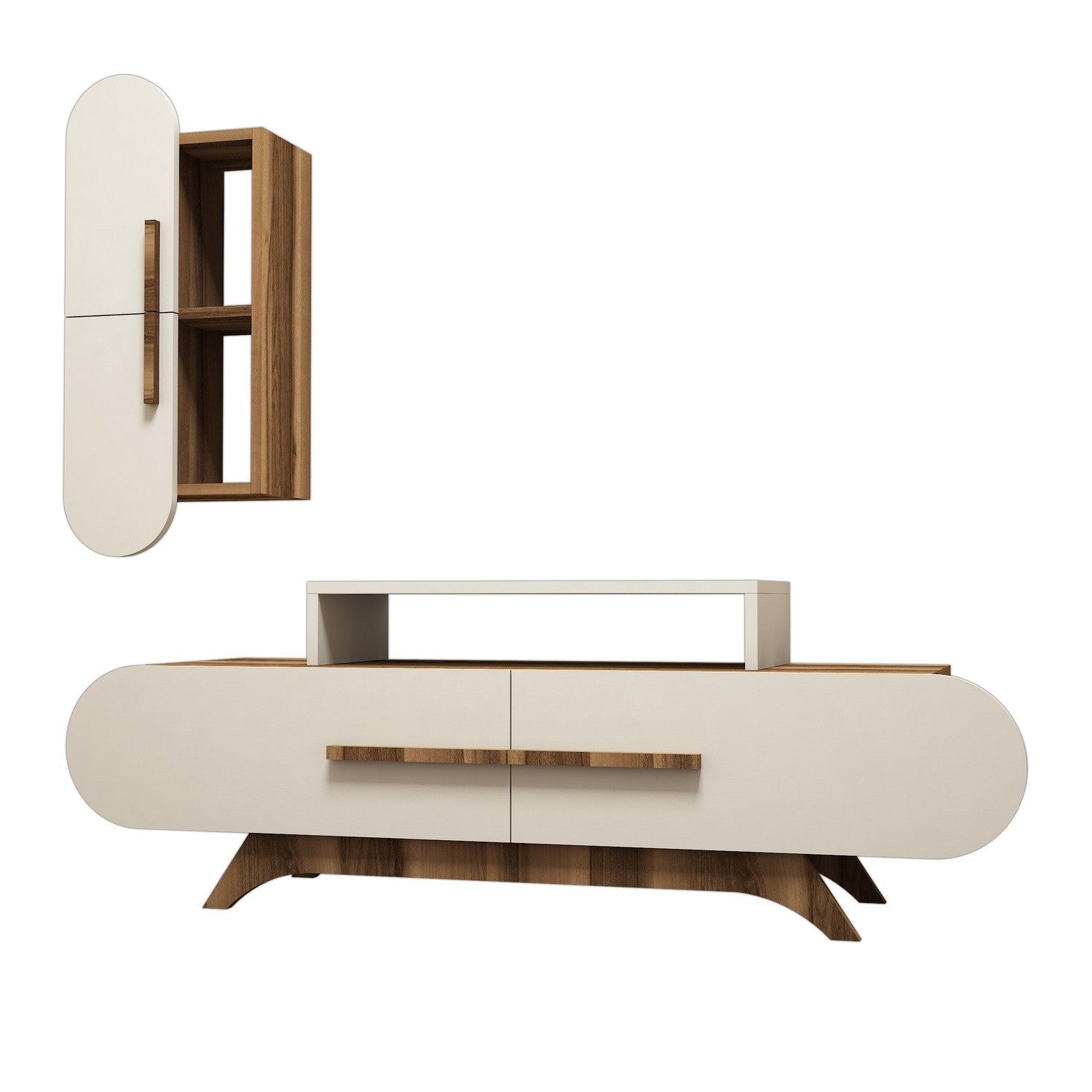 Móvel de TV moderno com prateleira de parede – 145 x 49,8 x 36,8 cm – Nogal e creme – Melamina