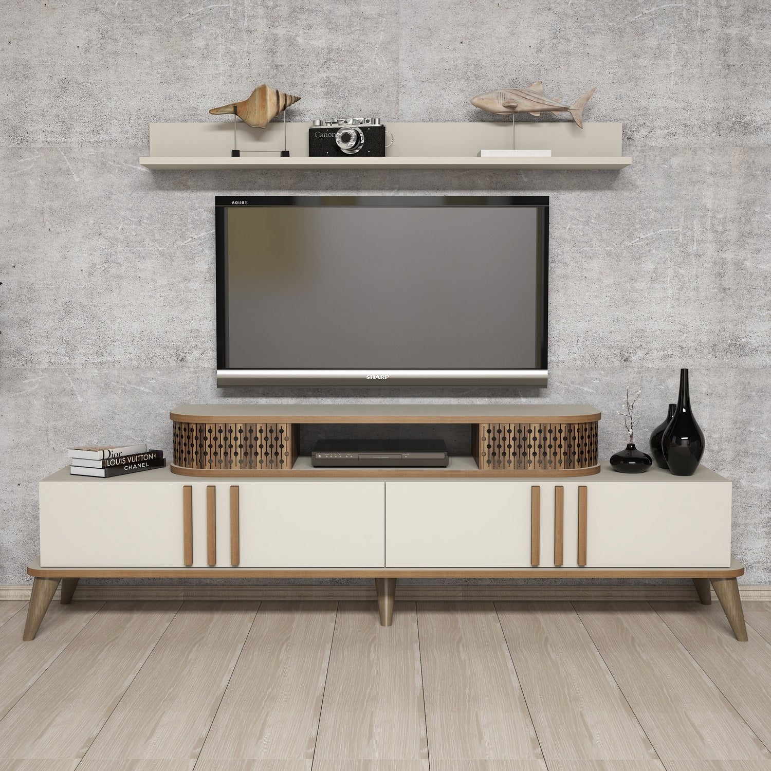 Móvel de TV moderno – 168 cm de largura – creme – 100% revestido em melamina
