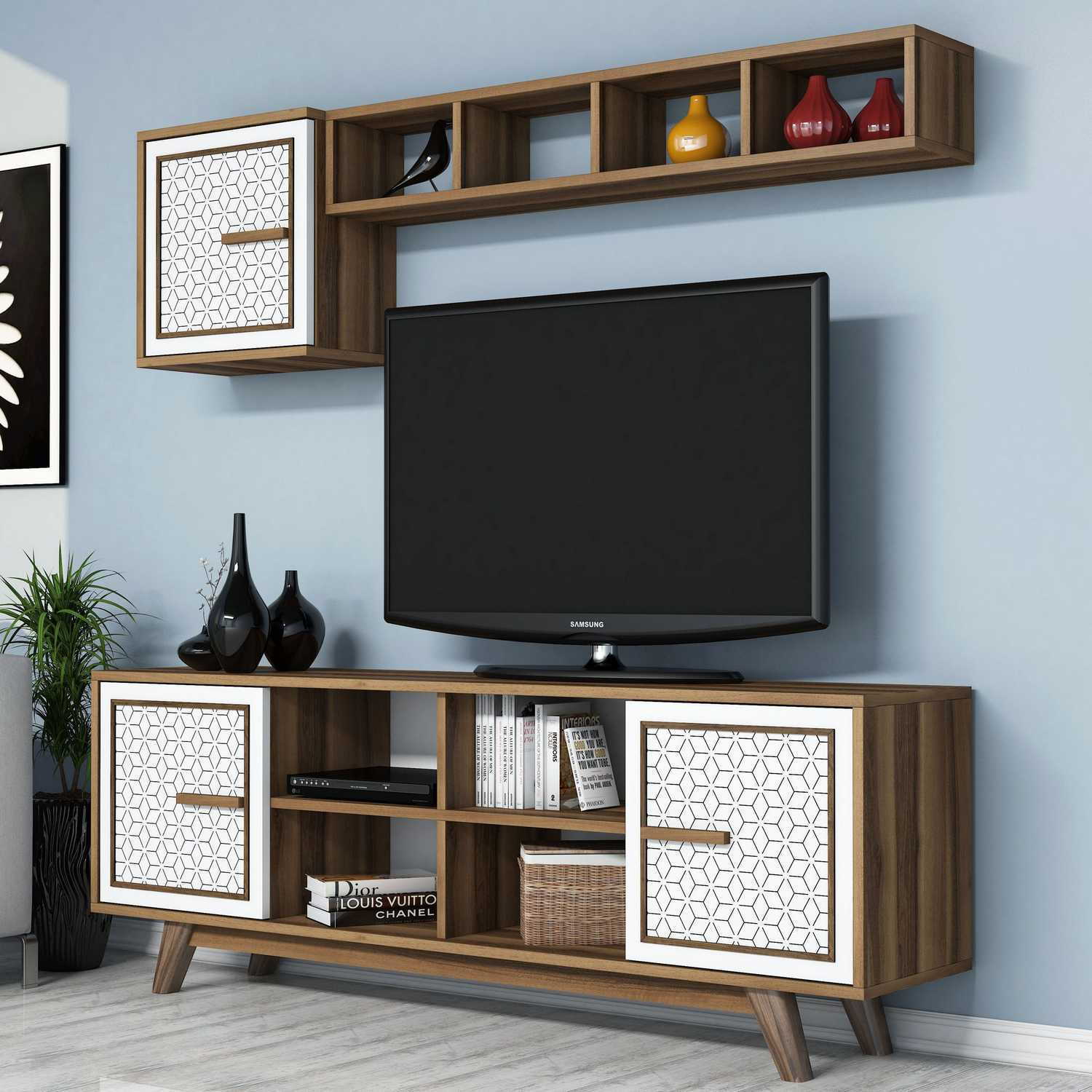 Móvel de TV moderno com prateleira de parede – 160 cm – nogueira e branco – painel de partículas revestido a melamina