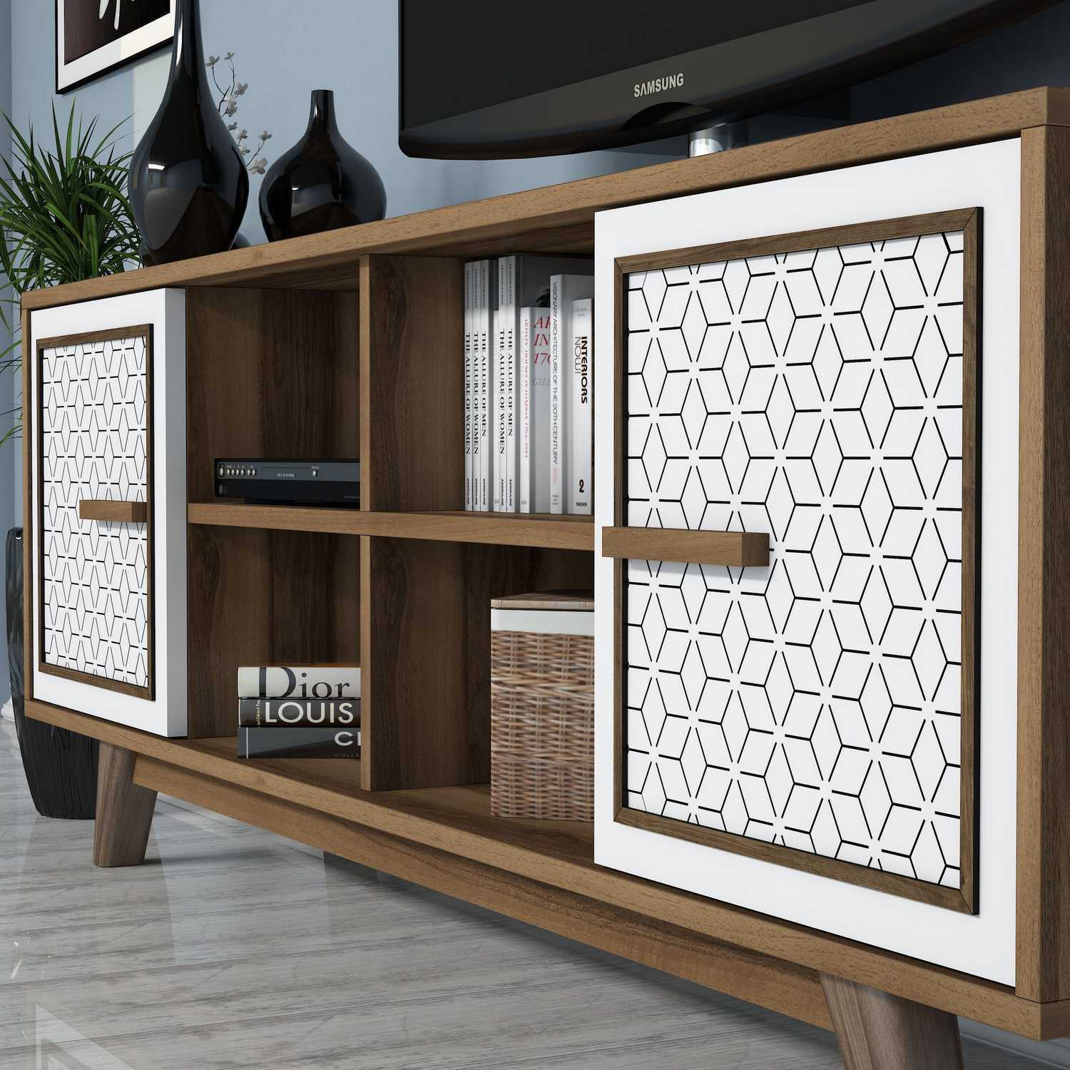 Móvel de TV moderno com prateleira de parede – 160 cm – nogueira e branco – painel de partículas revestido a melamina