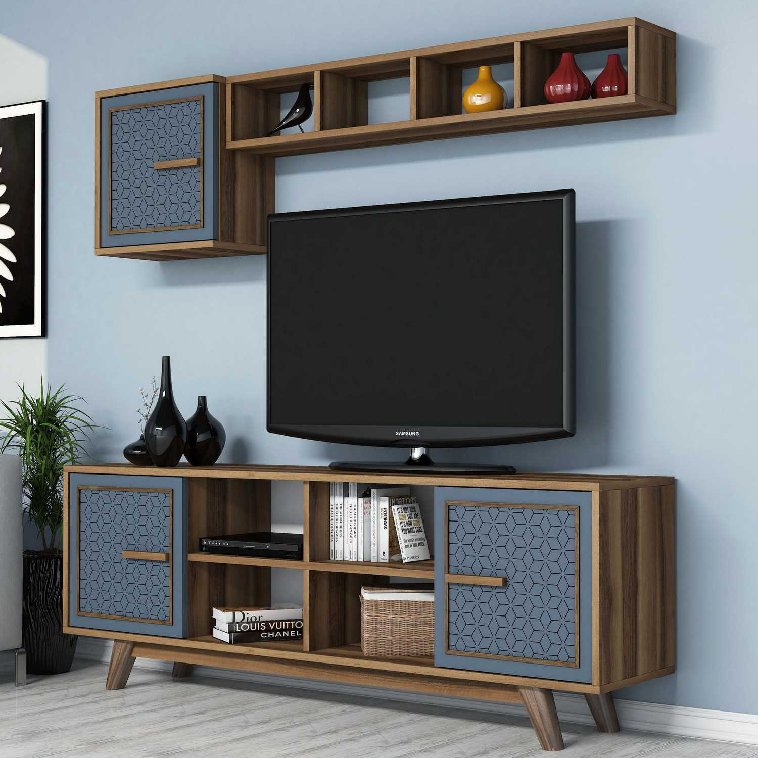 Móvel de TV moderno – 160 cm – Nogueira e Azul – Painéis de partículas revestidos de melamina