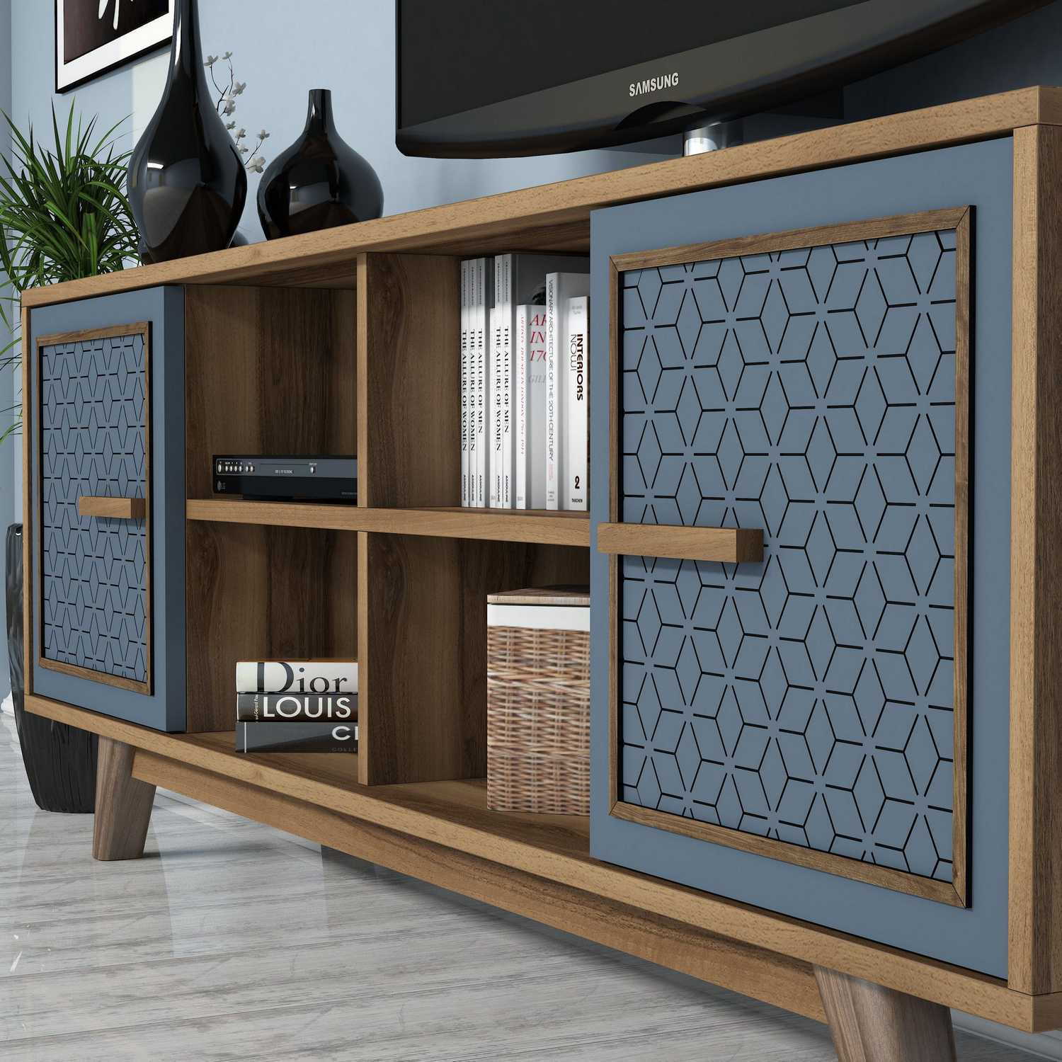 Móvel de TV moderno – 160 cm – Nogueira e Azul – Painéis de partículas revestidos de melamina