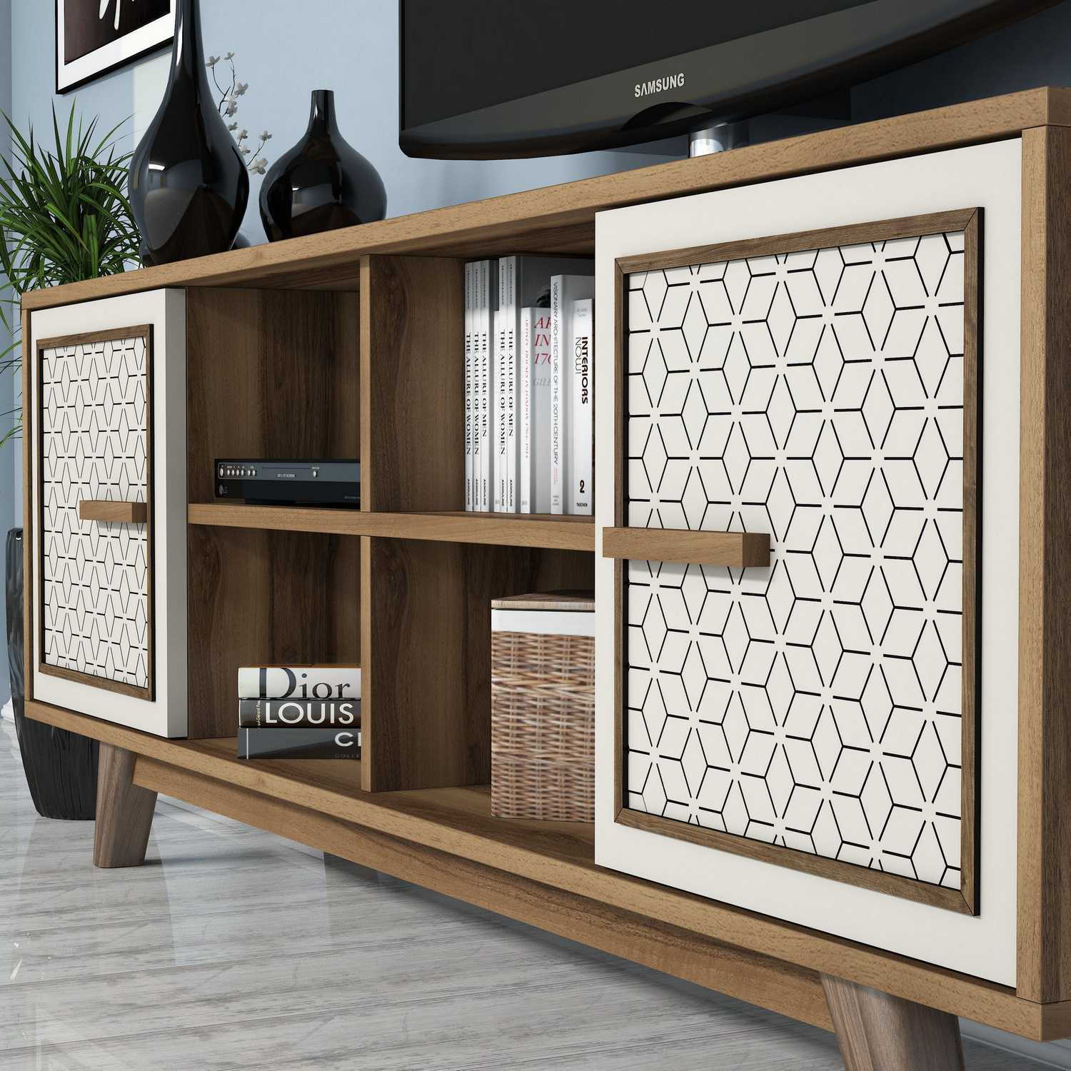 Móvel de TV moderno – 160 x 56,2 x 35 cm – nogueira e creme – 100% revestido em melamina