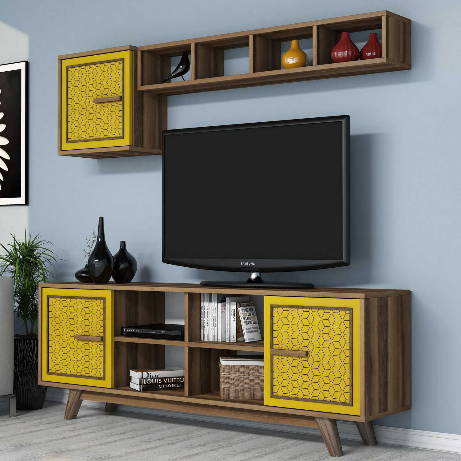 Móvel de TV – 160 cm – nogueira e amarelo – 100% revestido em melamina