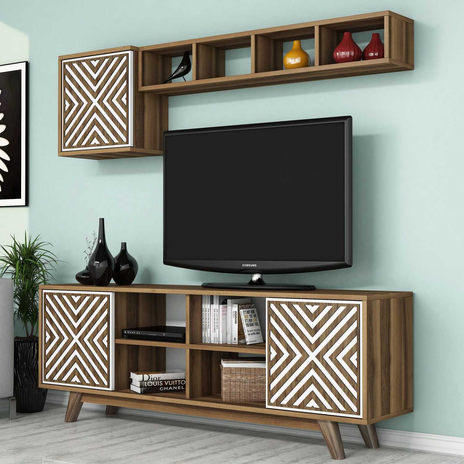 Móvel de TV moderno – 160 cm – nogueira e branco – painel de partículas