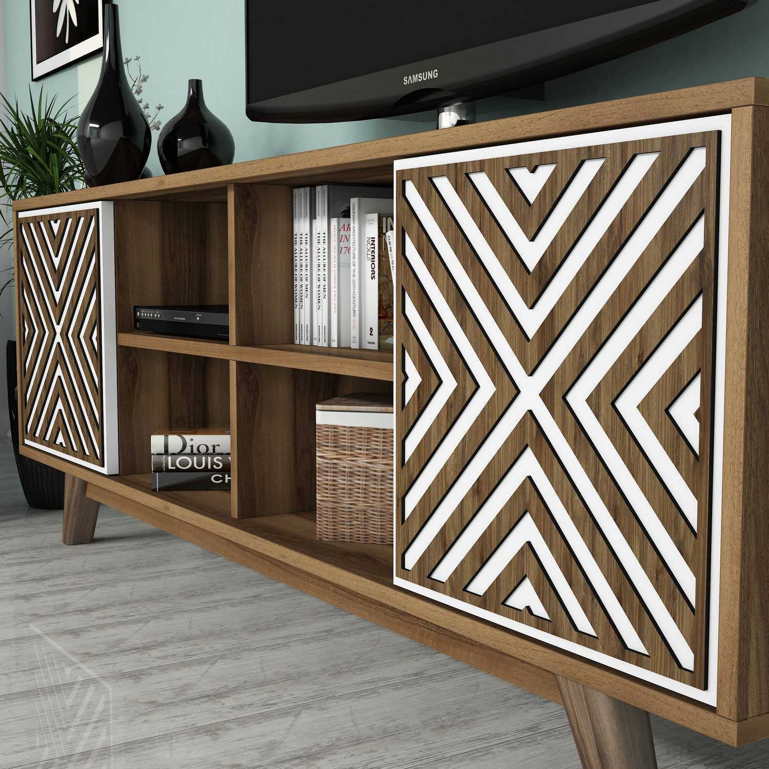 Móvel de TV moderno – 160 cm – nogueira e branco – painel de partículas