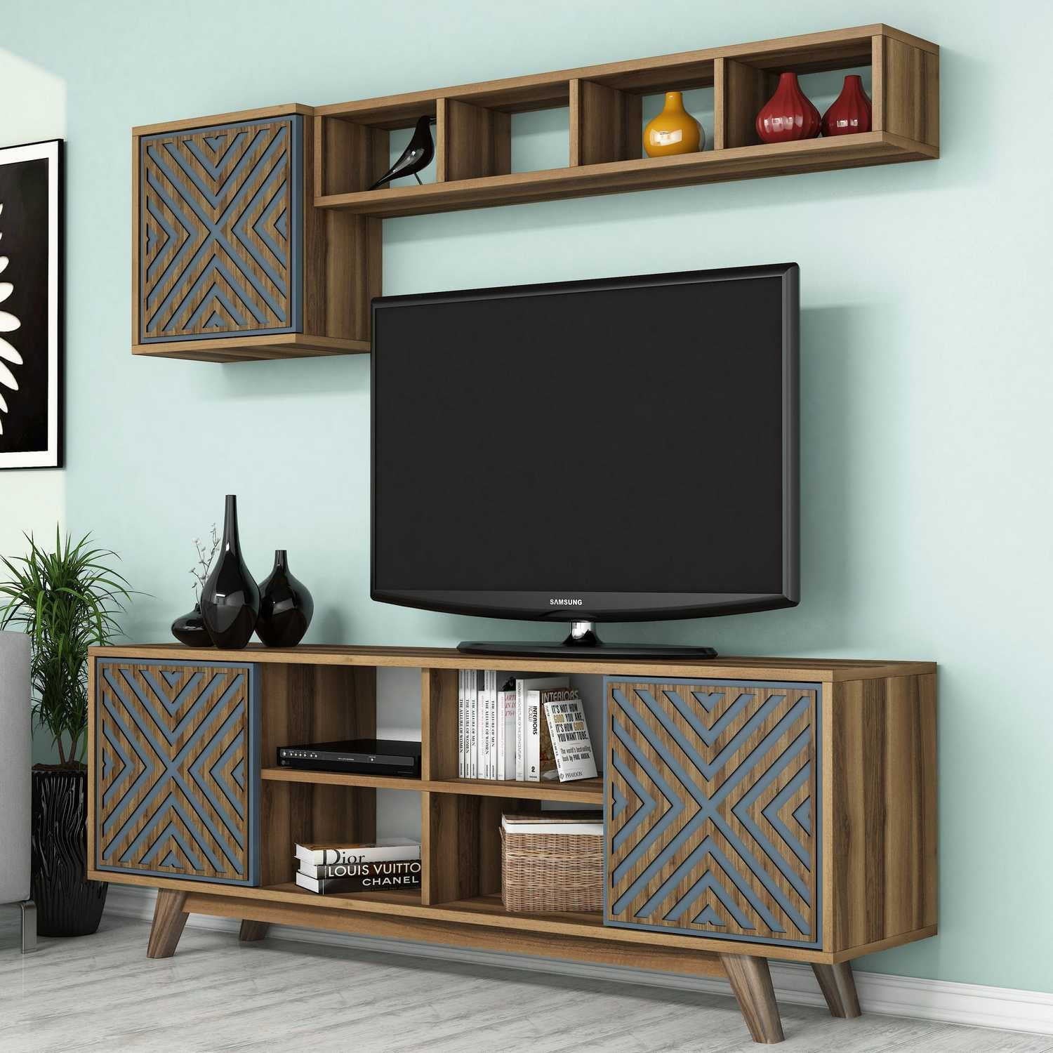 Móvel de TV moderno – 160 cm – nogueira e azul – melamina