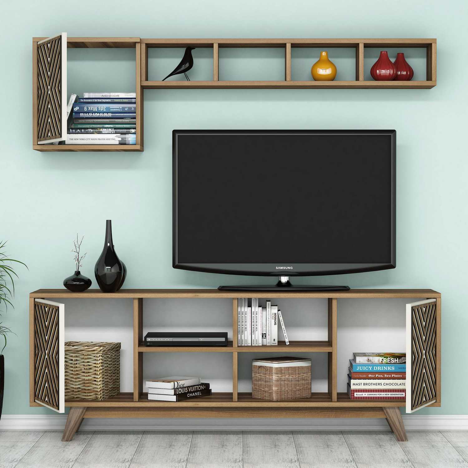Móvel de TV moderno – 160 cm – Creme e Nogueira – Painéis de partículas revestidos a melamina