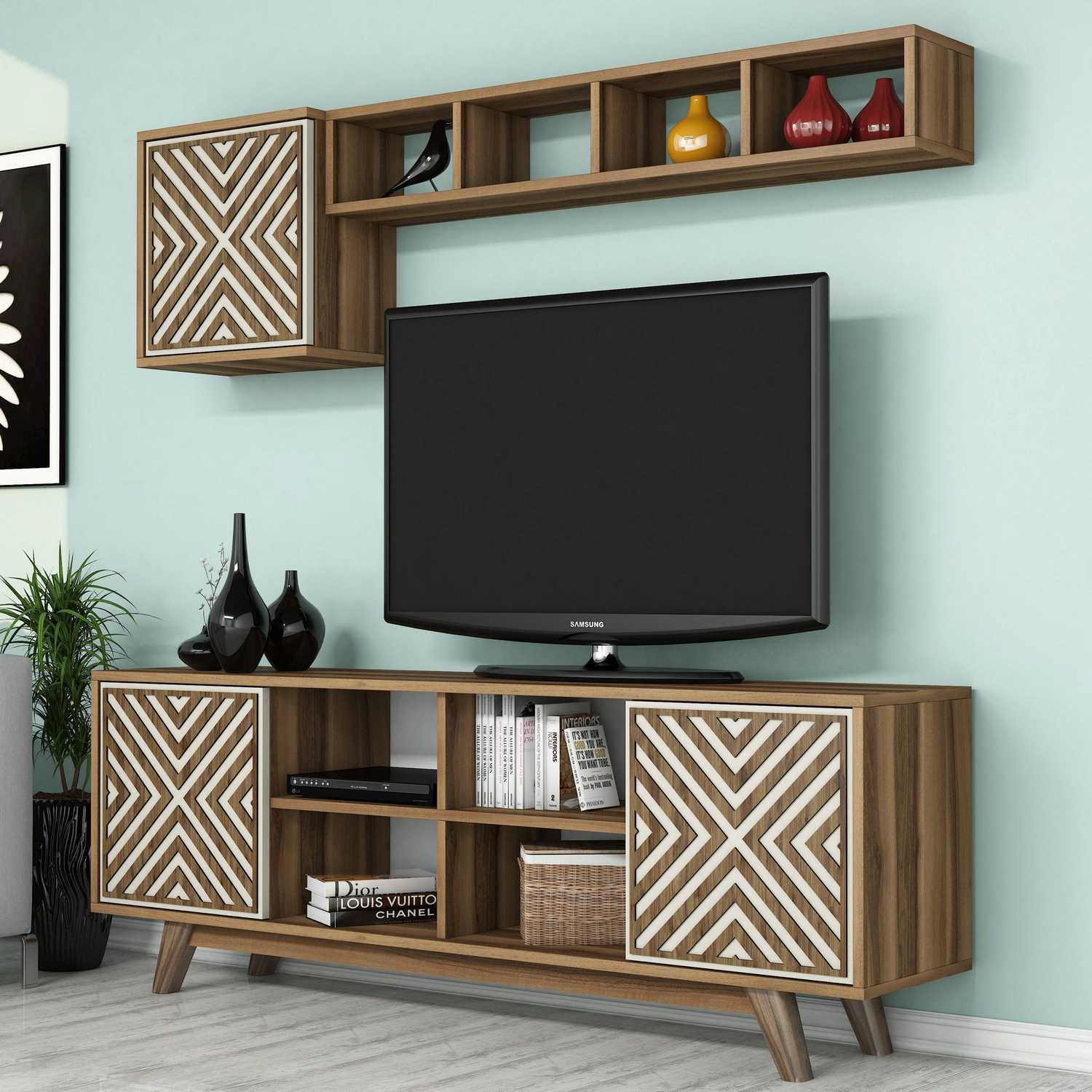 Móvel de TV moderno – 160 cm – Creme e Nogueira – Painéis de partículas revestidos a melamina