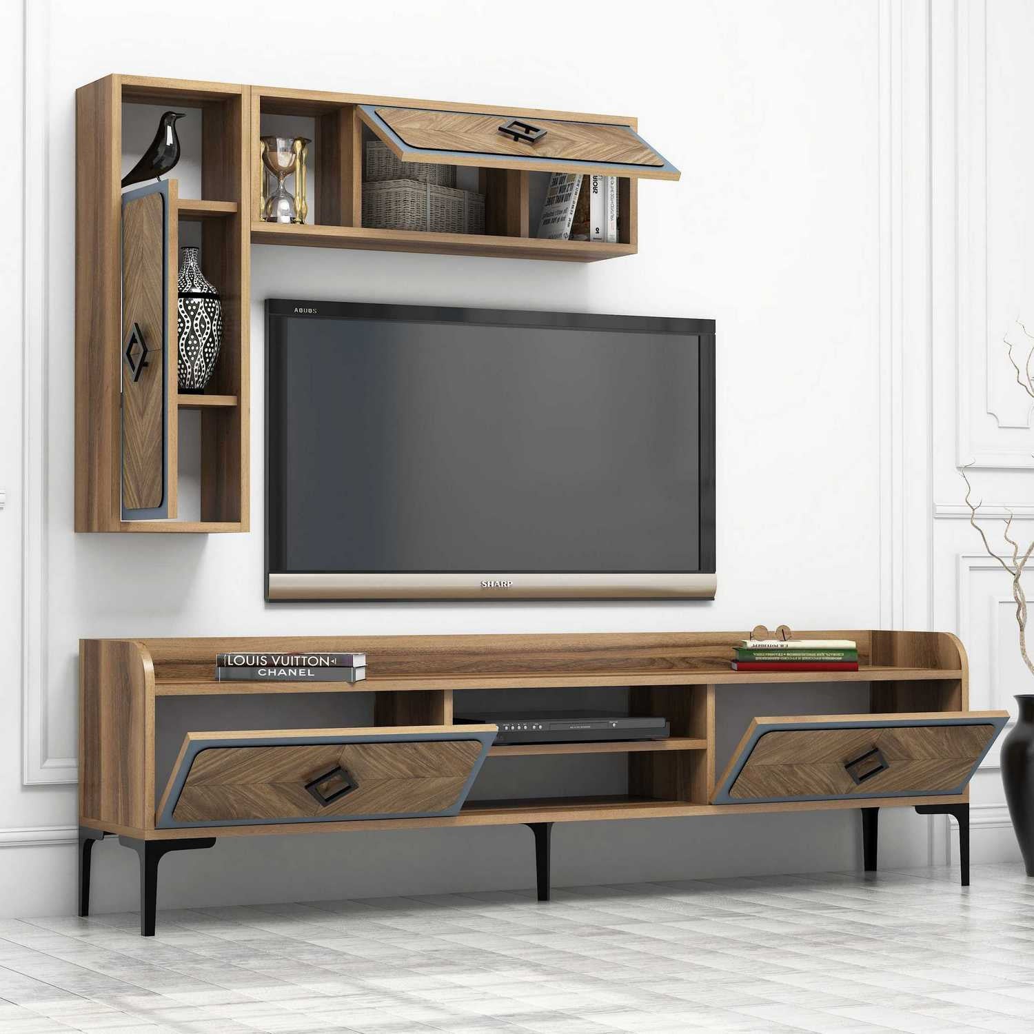 Móvel de TV moderno – 180 x 52 x 35 cm – Nogueira e Azul – Melamina
