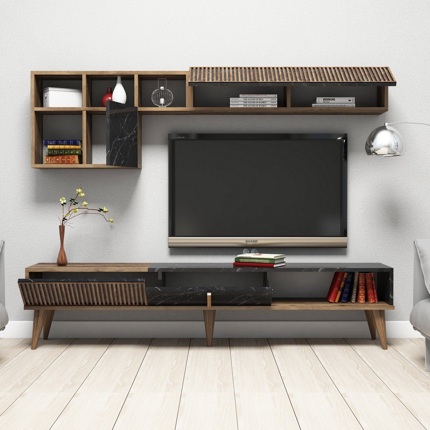 Móvel de TV moderno – 180 cm – Nogueira e Preto – Aglomerado revestido de melamina