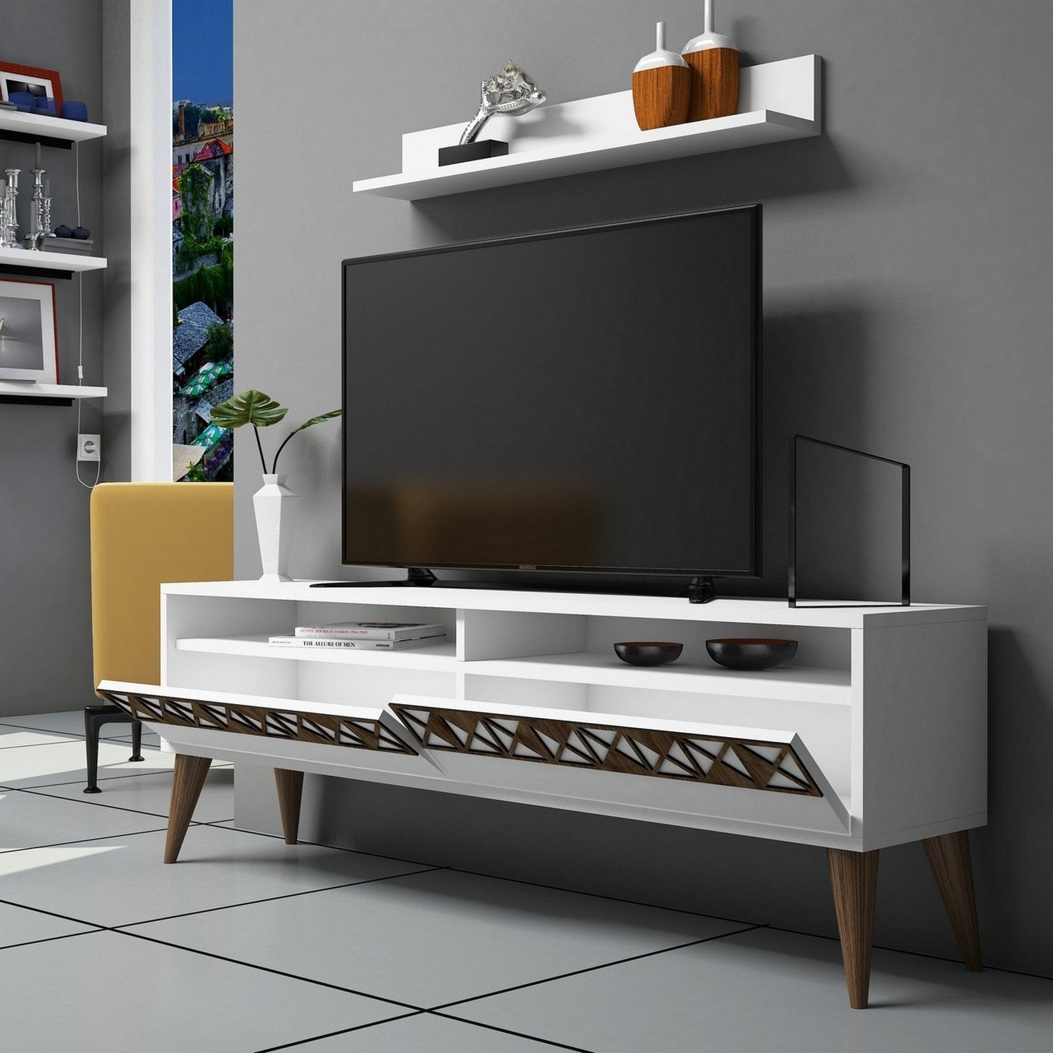 Móvel de TV moderno – 150 cm x 50 cm x 30 cm – Branco – Painel de partículas revestido a melamina