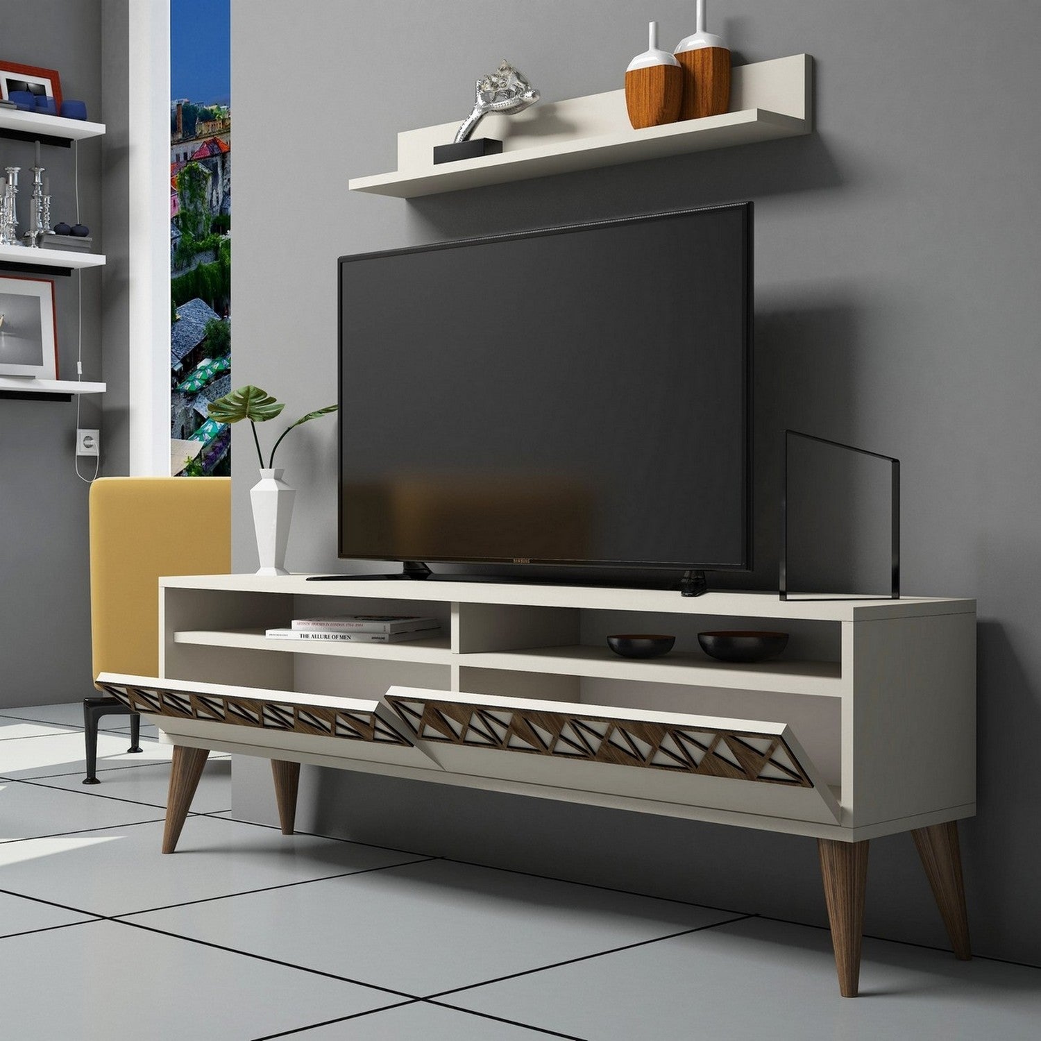 Móvel de TV moderno – 150 cm de largura – Creme – MDF