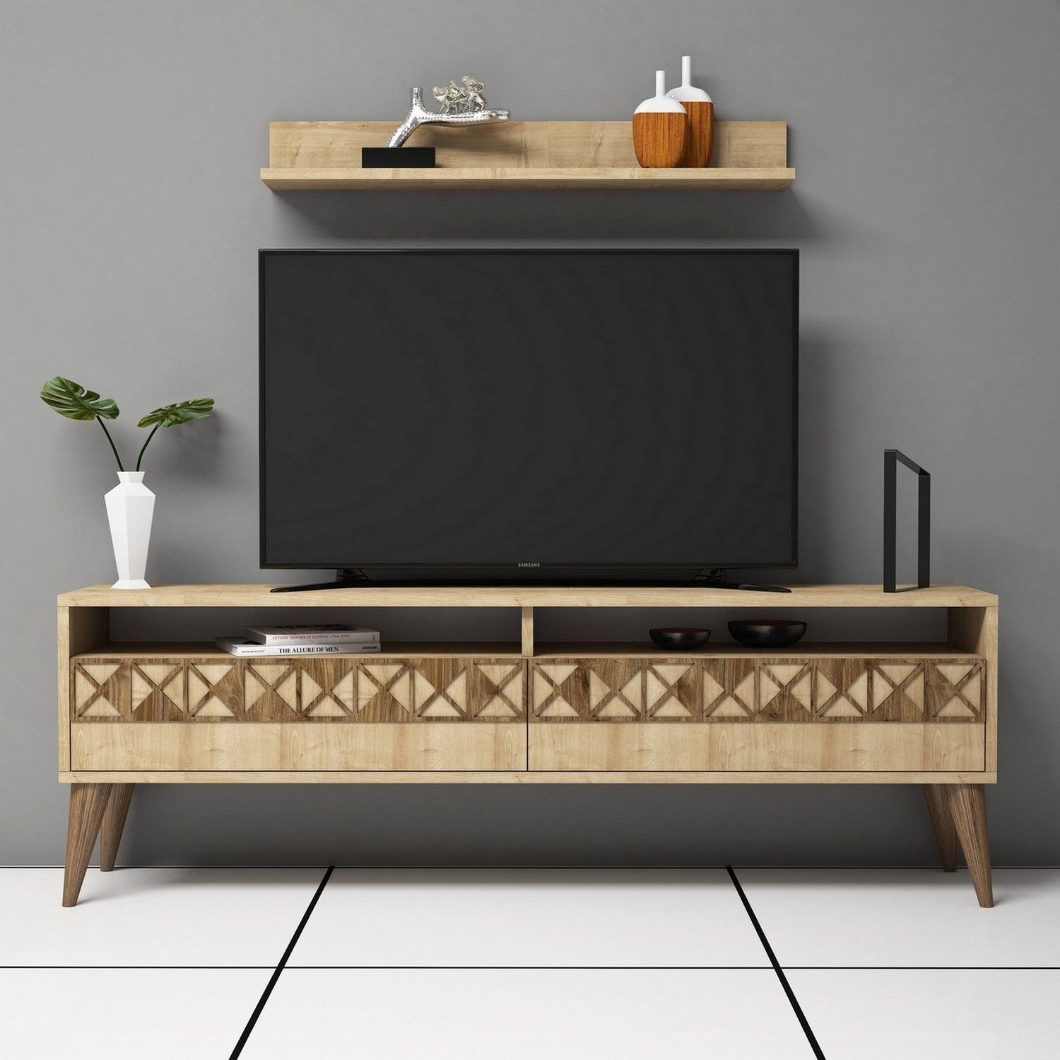 Móvel de TV moderno – 150 cm de largura – cor de carvalho – painel de partículas revestido a melamina