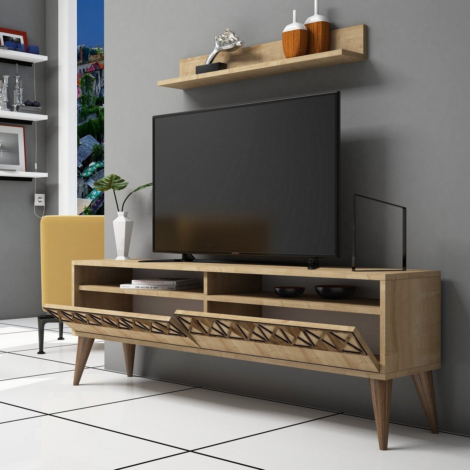 Móvel de TV moderno – 150 cm de largura – cor de carvalho – painel de partículas revestido a melamina