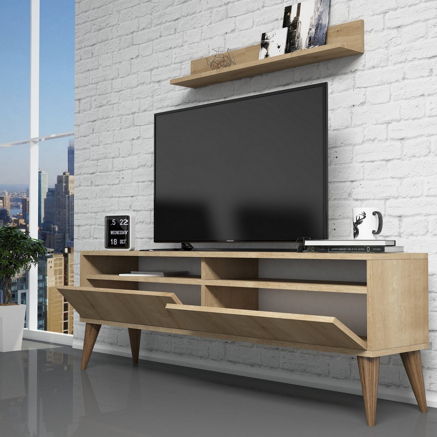 Móvel de TV moderno – 150 cm x 50 cm x 30 cm – Carvalho – Painel de partículas revestido a melamina