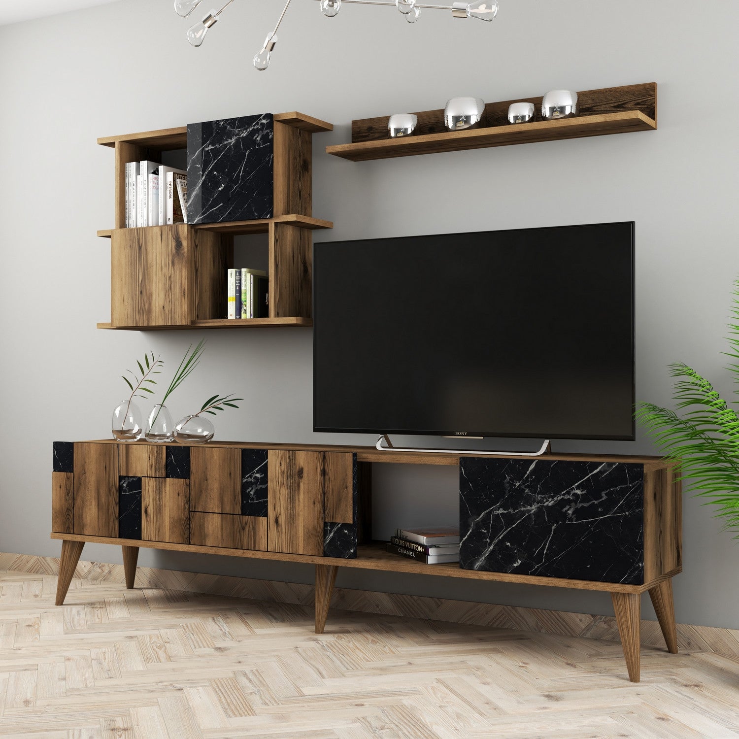 Móvel de TV moderno – 180 cm – nogueira e preto – melamina