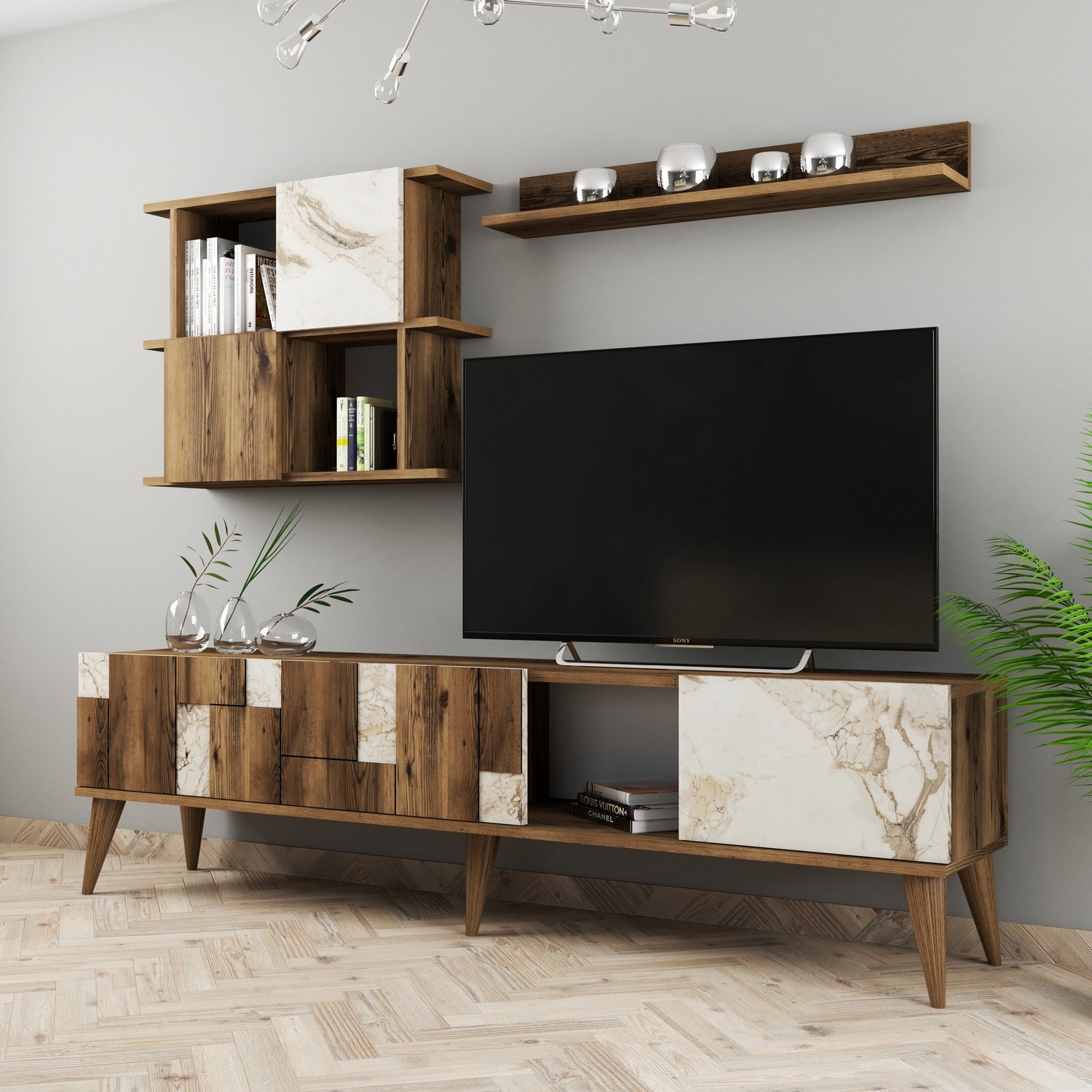 Móvel de TV moderno – 180 cm – Branco e nogueira – Painel de partículas revestido de melamina