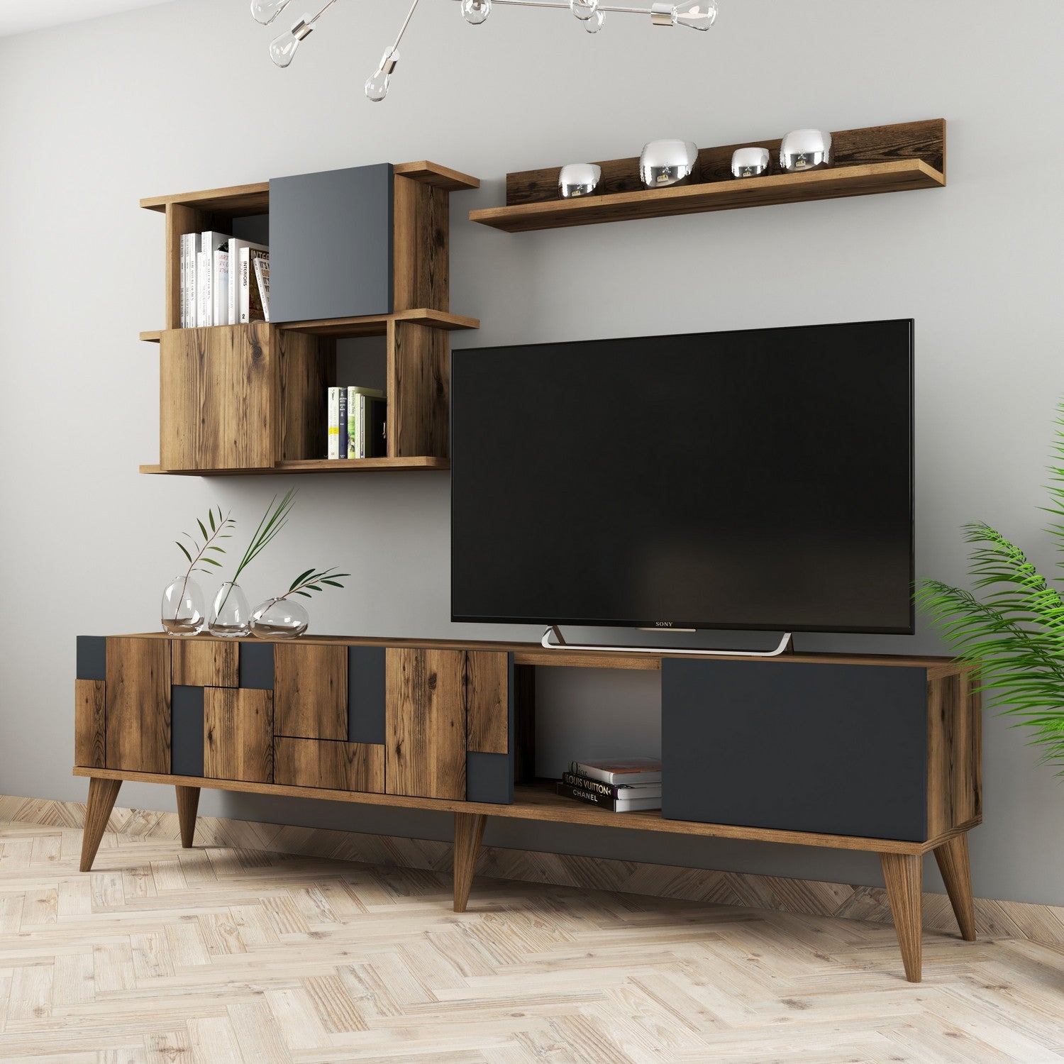 Móvel de TV moderno – 180 cm – Nogueira e Antracite – Melamina