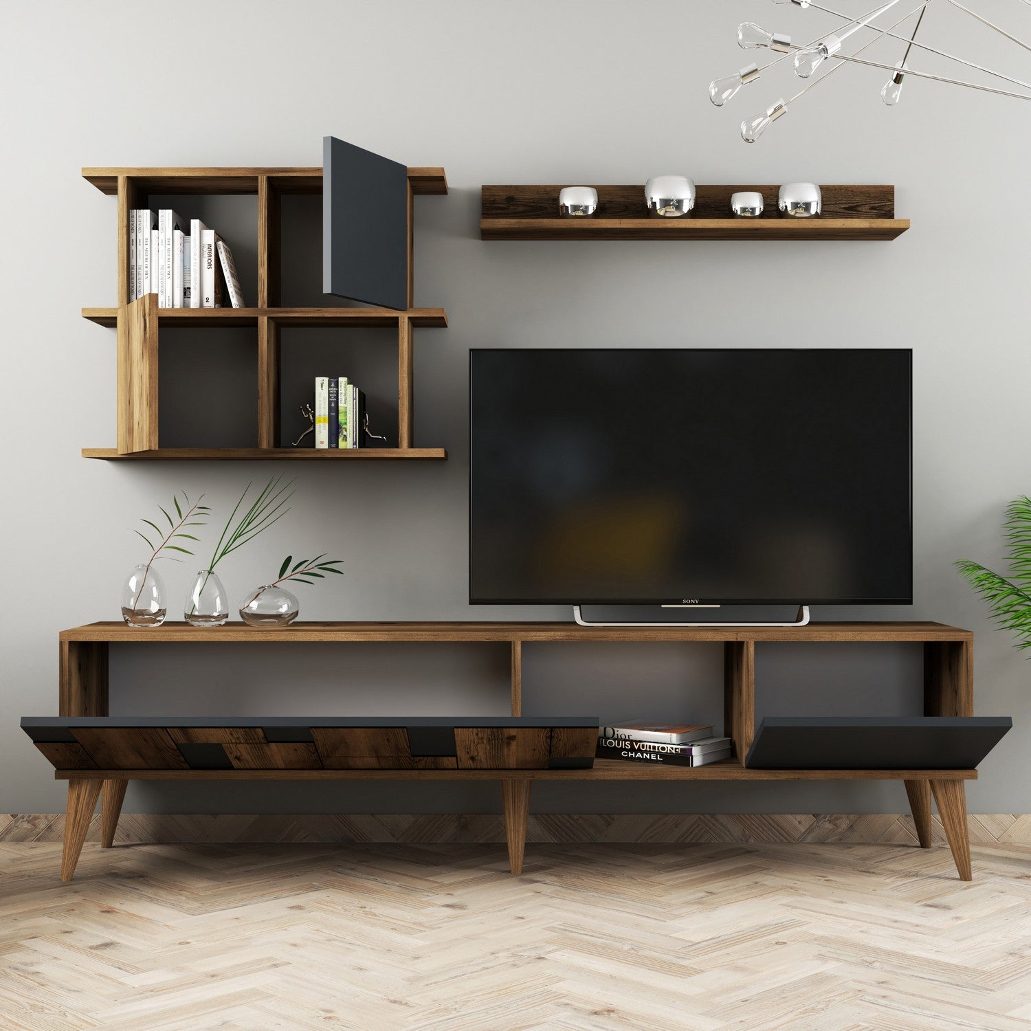 Móvel de TV moderno – 180 cm – Nogueira e Antracite – Melamina
