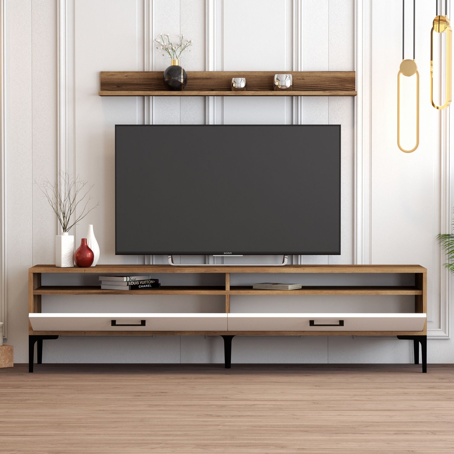 Móvel de TV moderno – 180 cm – nogueira e branco – melamina