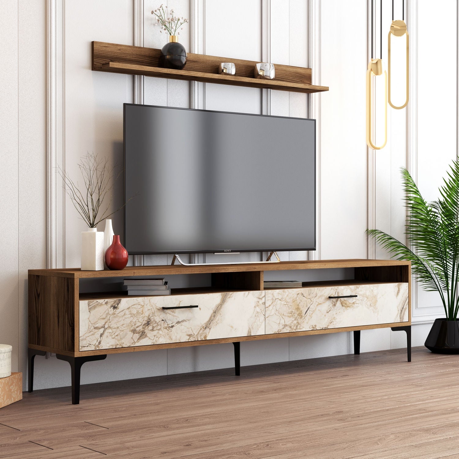 Móvel de TV moderno – 180 x 47 x 35 cm – nogueira e branco – melamina