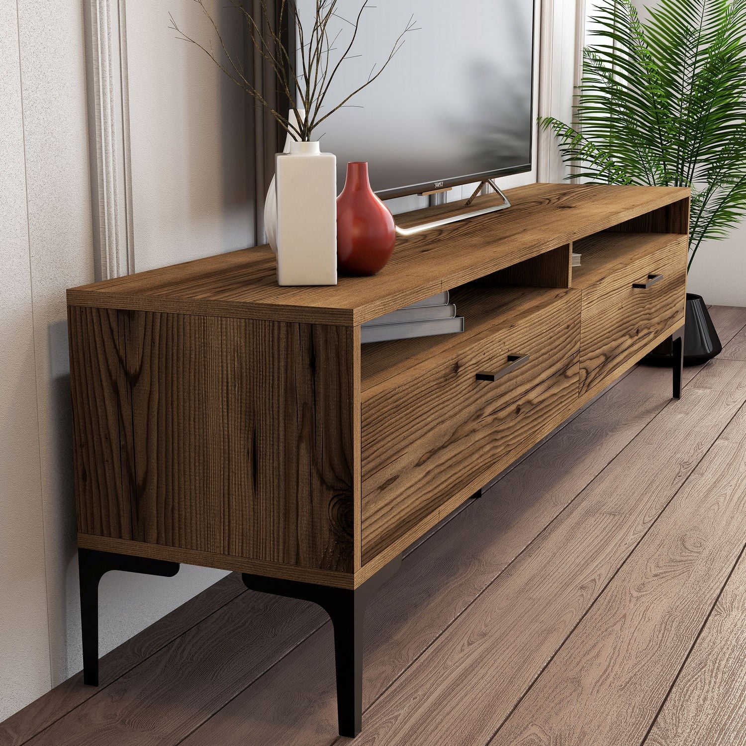 Móvel de TV – 180 cm – Nogueira – Painel de partículas revestido em melamina