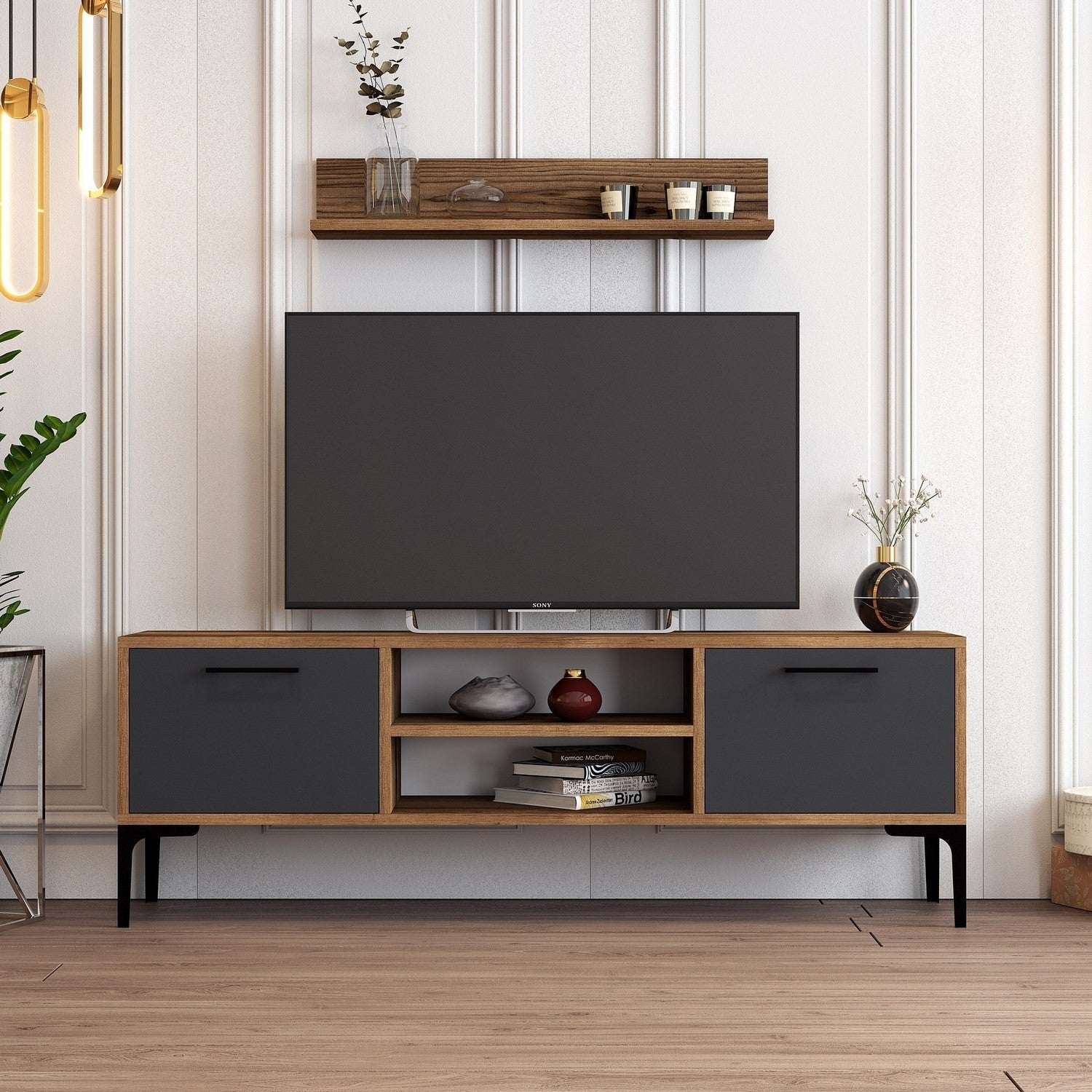 Móvel de TV elegante com prateleira de parede – 140 cm de largura – nogueira e antracite – melamina