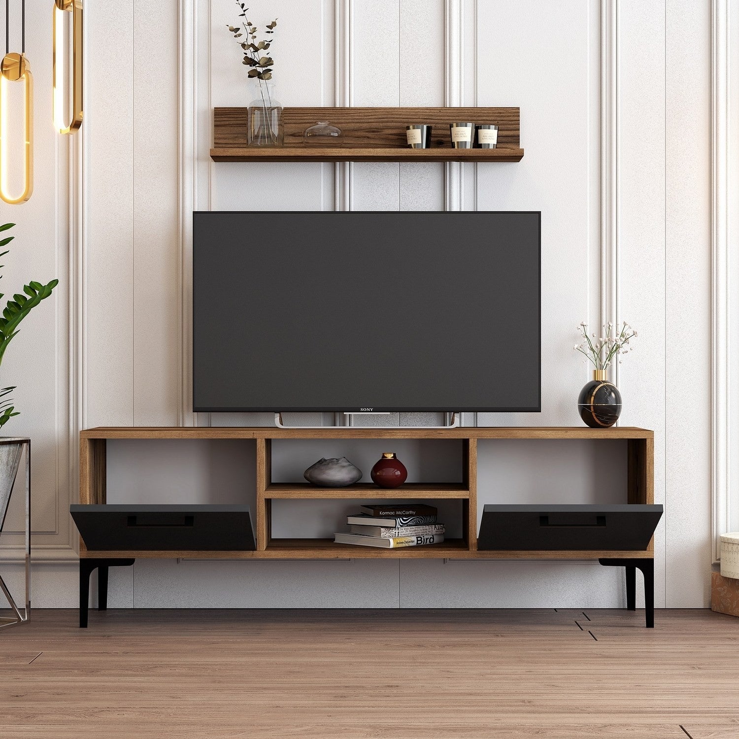 Móvel de TV elegante com prateleira de parede – 140 cm de largura – nogueira e antracite – melamina