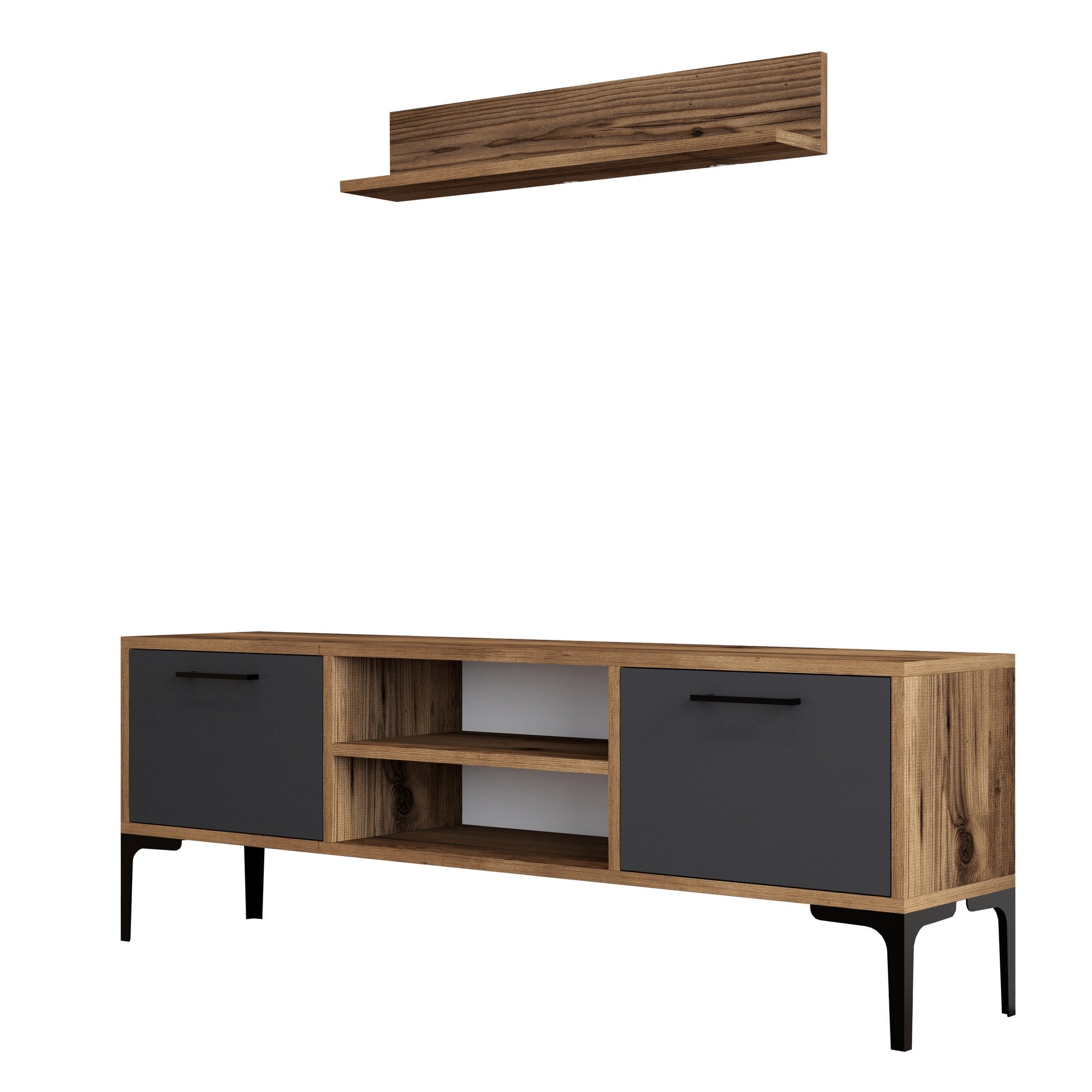 Móvel de TV elegante com prateleira de parede – 140 cm de largura – nogueira e antracite – melamina