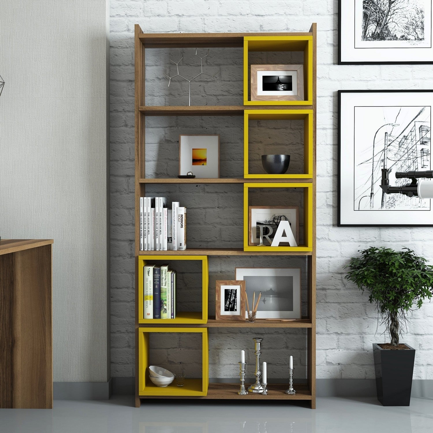 Estante – 80 x 170 x 22 cm – Nogueira e Amarelo – Painel de partículas revestido a melamina