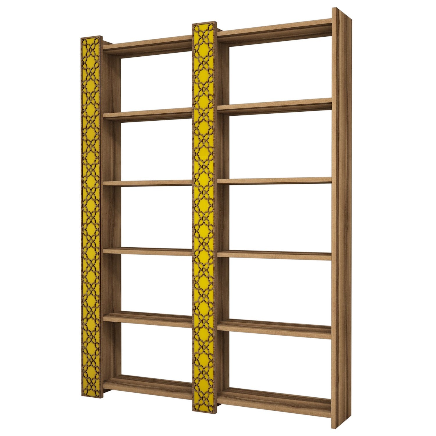 Estante boémia – 124,6 x 170 x 24,2 cm – nogueira e amarela – melamina