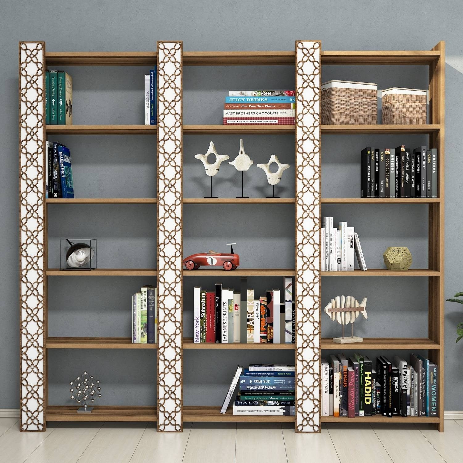Estante moderna – 184,6 x 170 x 24,2 cm – Nogueira e branco – Melamina