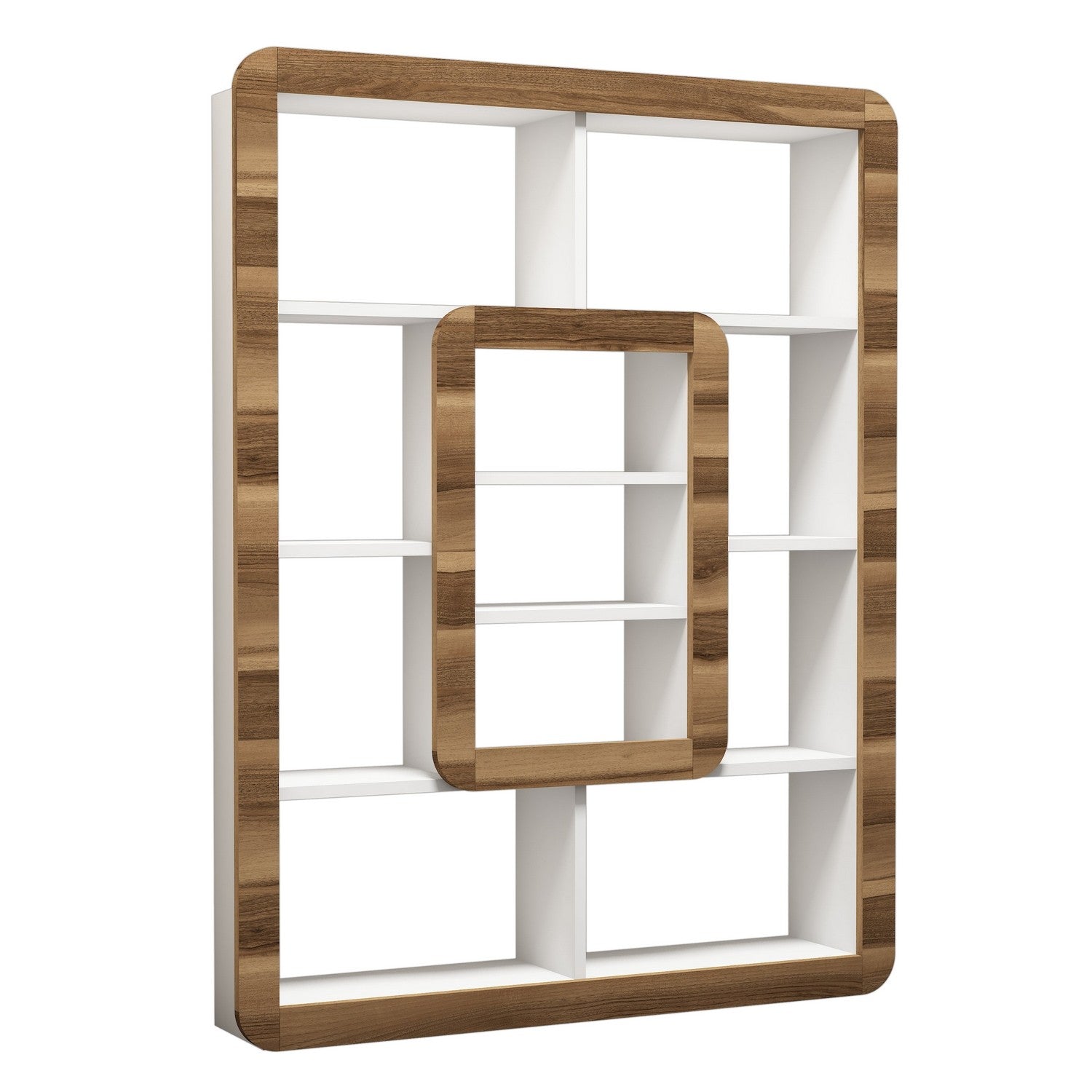 Estante moderna – 108,4 x 140 x 21,8 cm – Branco e nogueira – Painéis de partículas revestidos a melamina