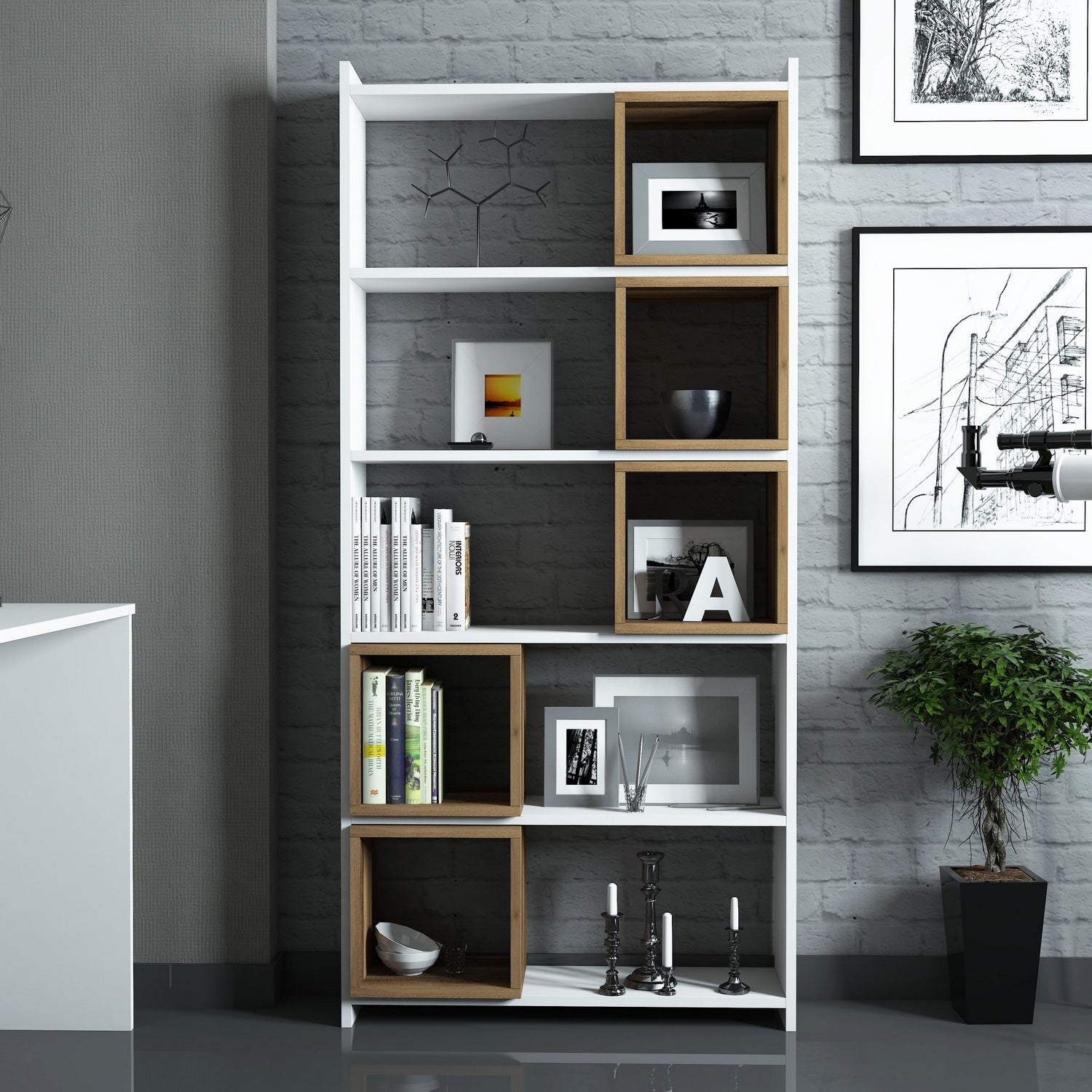 Estante moderna – 80 x 170 x 22 cm – branca e nogueira – melamina