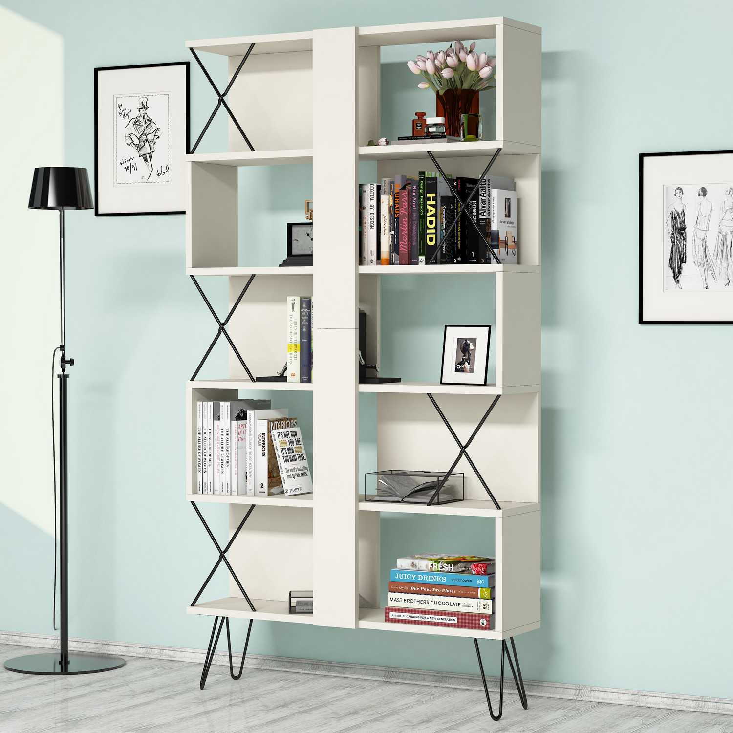 Estante moderna em melamina – 90 cm x 167,3 cm x 22 cm – creme