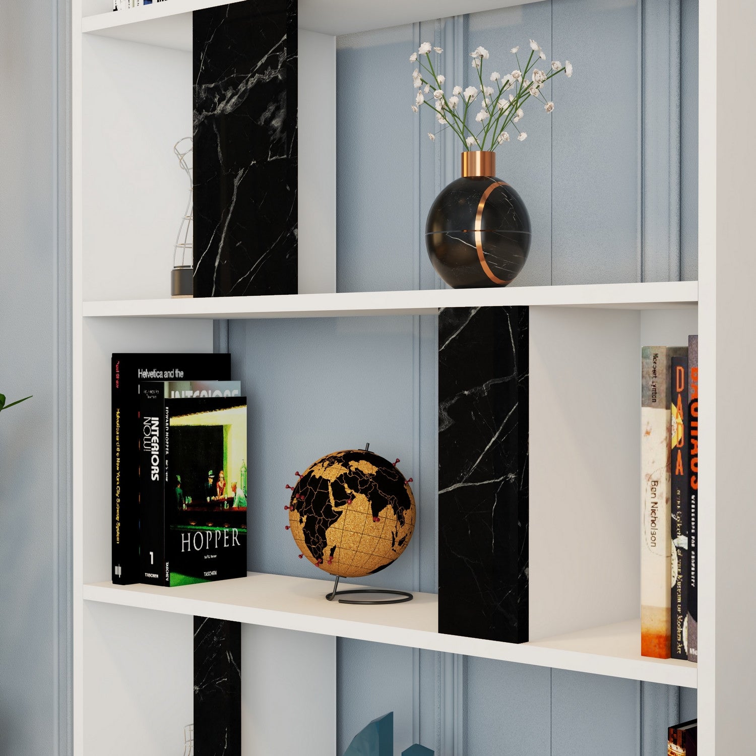 Estante moderna – 90 x 180 x 20 cm – Branco e preto – Painel de partículas revestido a melamina