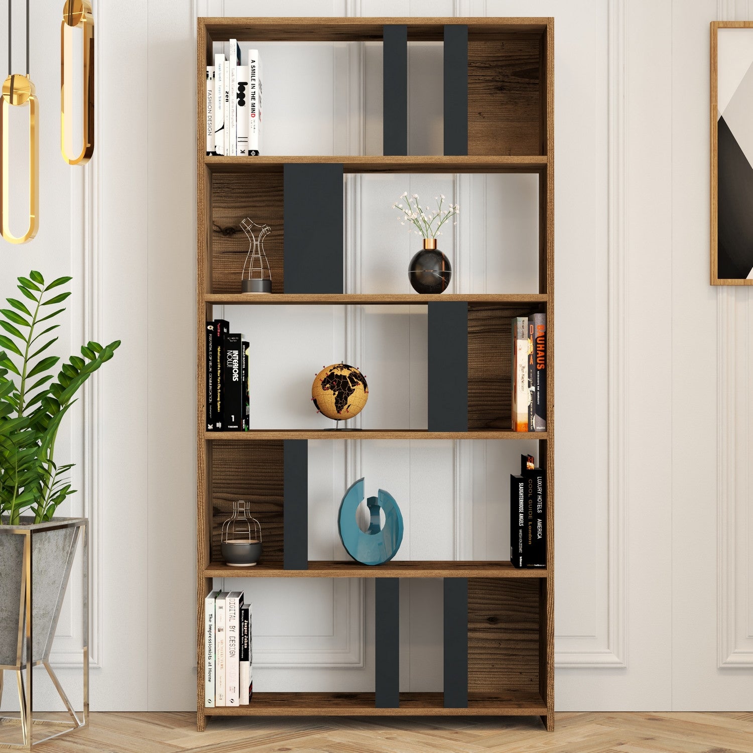 Estante moderna – 90 x 180 x 20 cm – Nogueira e Antracite – MDF revestido de melamina