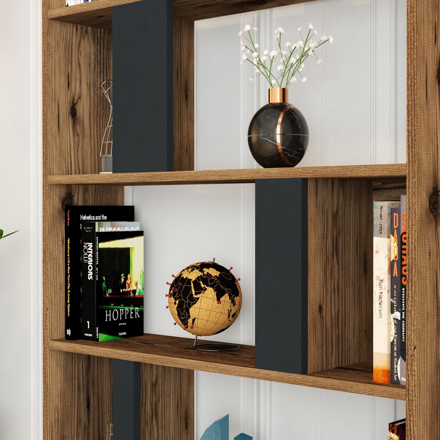 Estante moderna – 90 x 180 x 20 cm – Nogueira e Antracite – MDF revestido de melamina