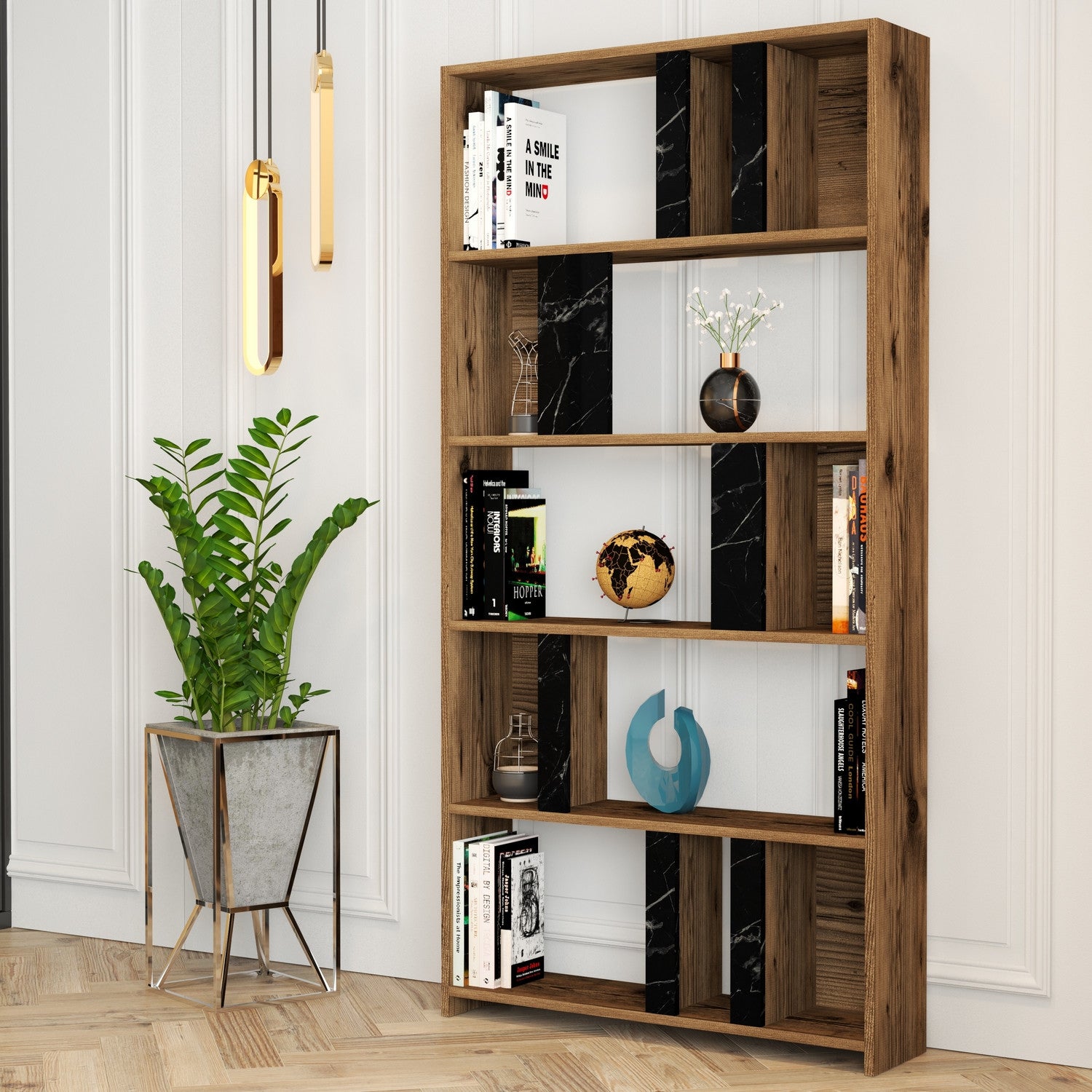 Estante moderna – 90 x 180 x 20 cm – nogueira e preto – painel de partículas revestido a melamina